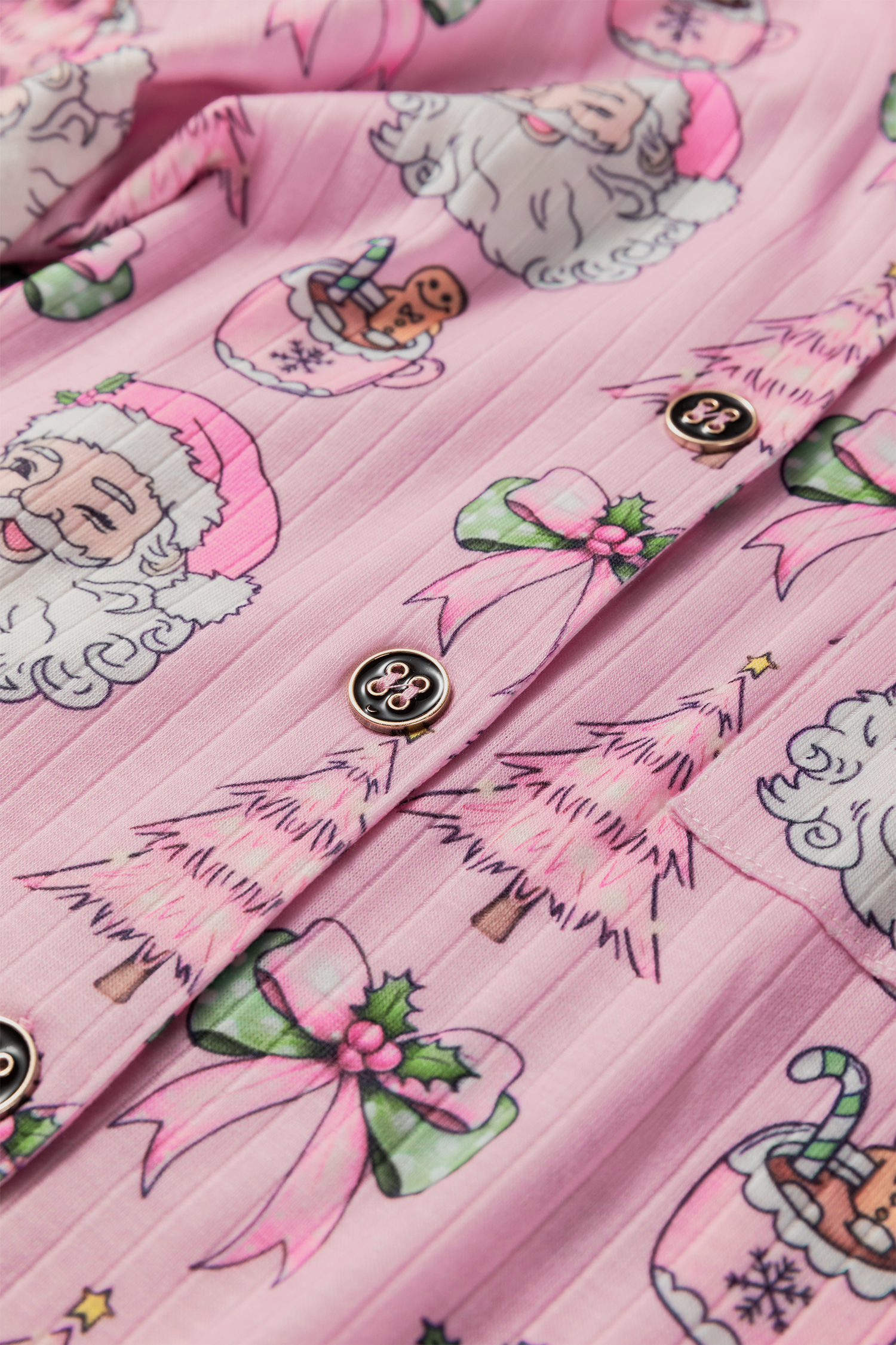 Pink Christmas Print Ruffled Ribbed Shirt & Pants 2 Piece PJ Set - loveforevers
