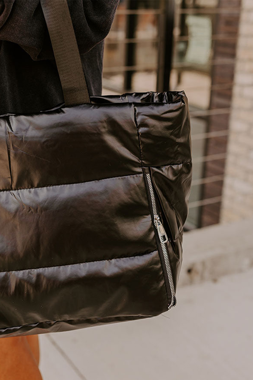 Black Solid Zipper Puffer Large Tote Bag - loveforevers