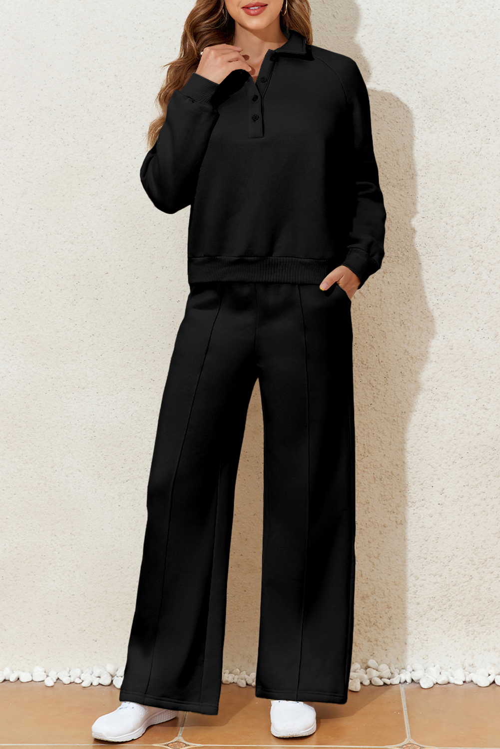 Dark Brown Solid Collared Sweatshirt and High Waist Pants Active Set - loveforevers