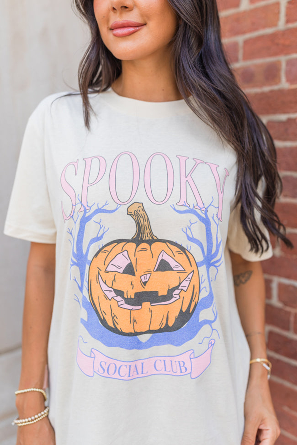 White SPOOKY Pumpkin Print Round Neck Halloween T Shirt - loveforevers