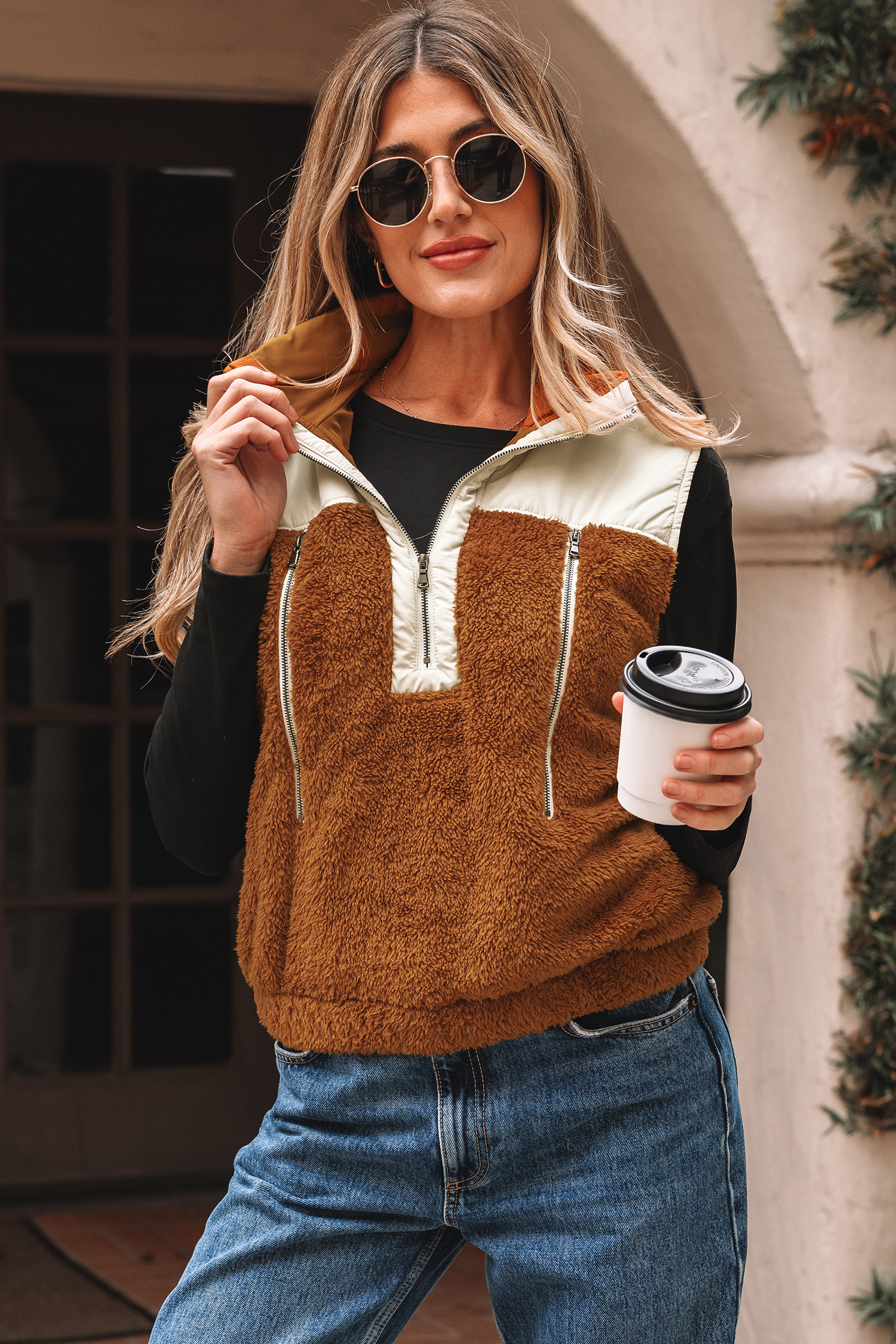 Chestnut Color Block Plush Patchwork Zipper Stand Neck Vest - loveforevers