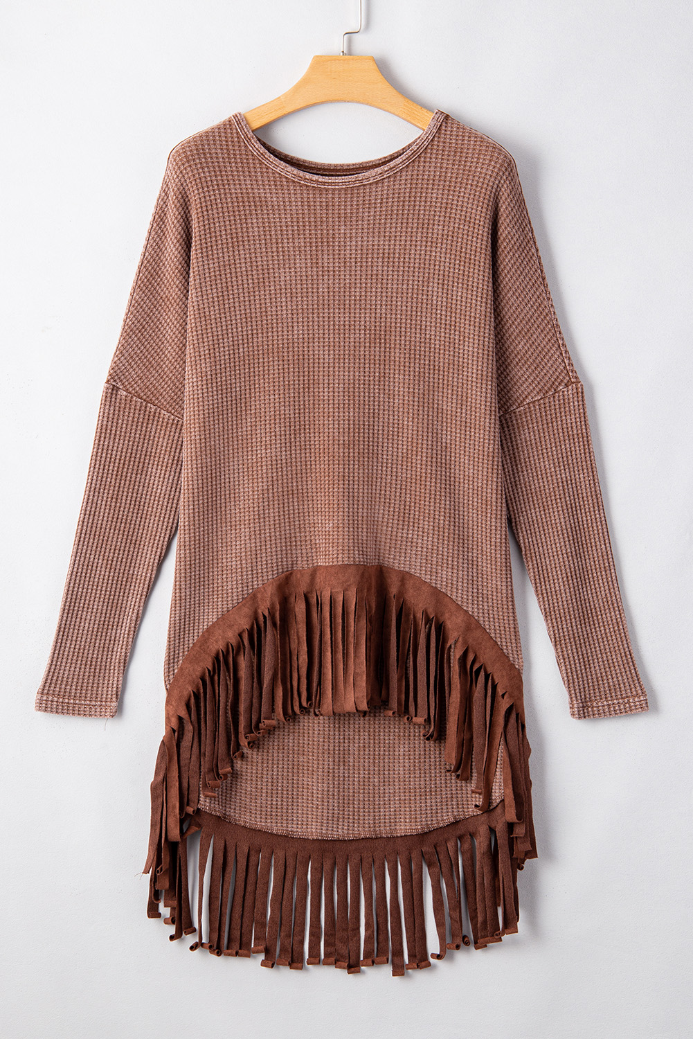Coffee Waffle Knit Fringed High Low Loose Top - loveforevers
