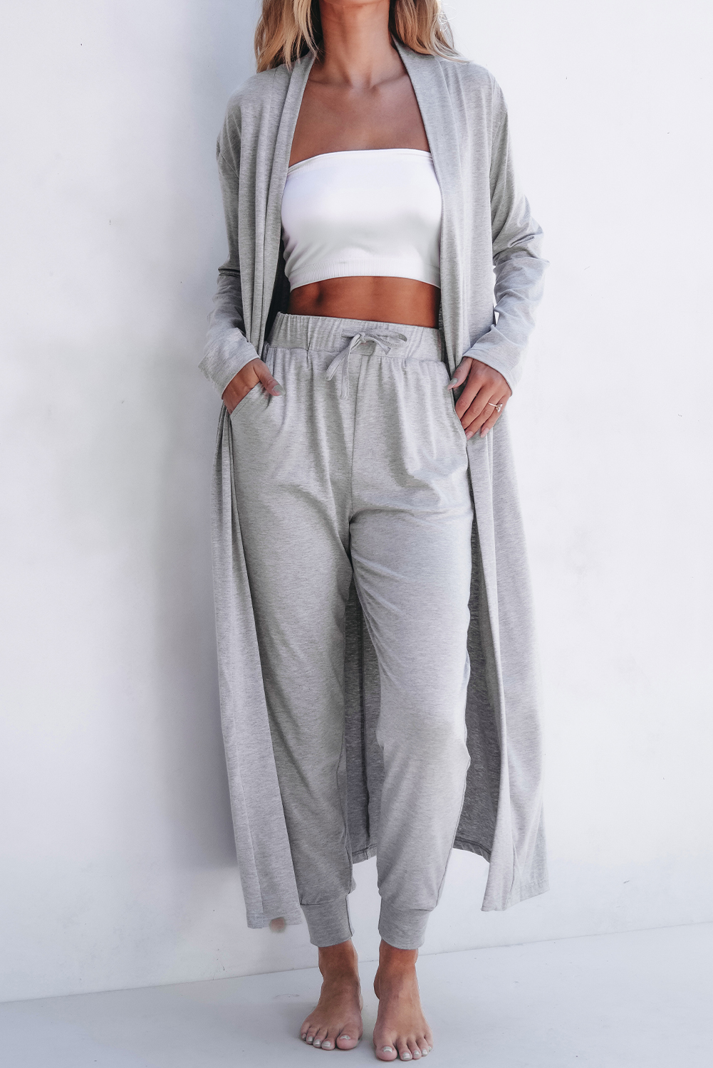 Parchment Split Long Cardigan and Skinny Pants Lounge Set - loveforevers