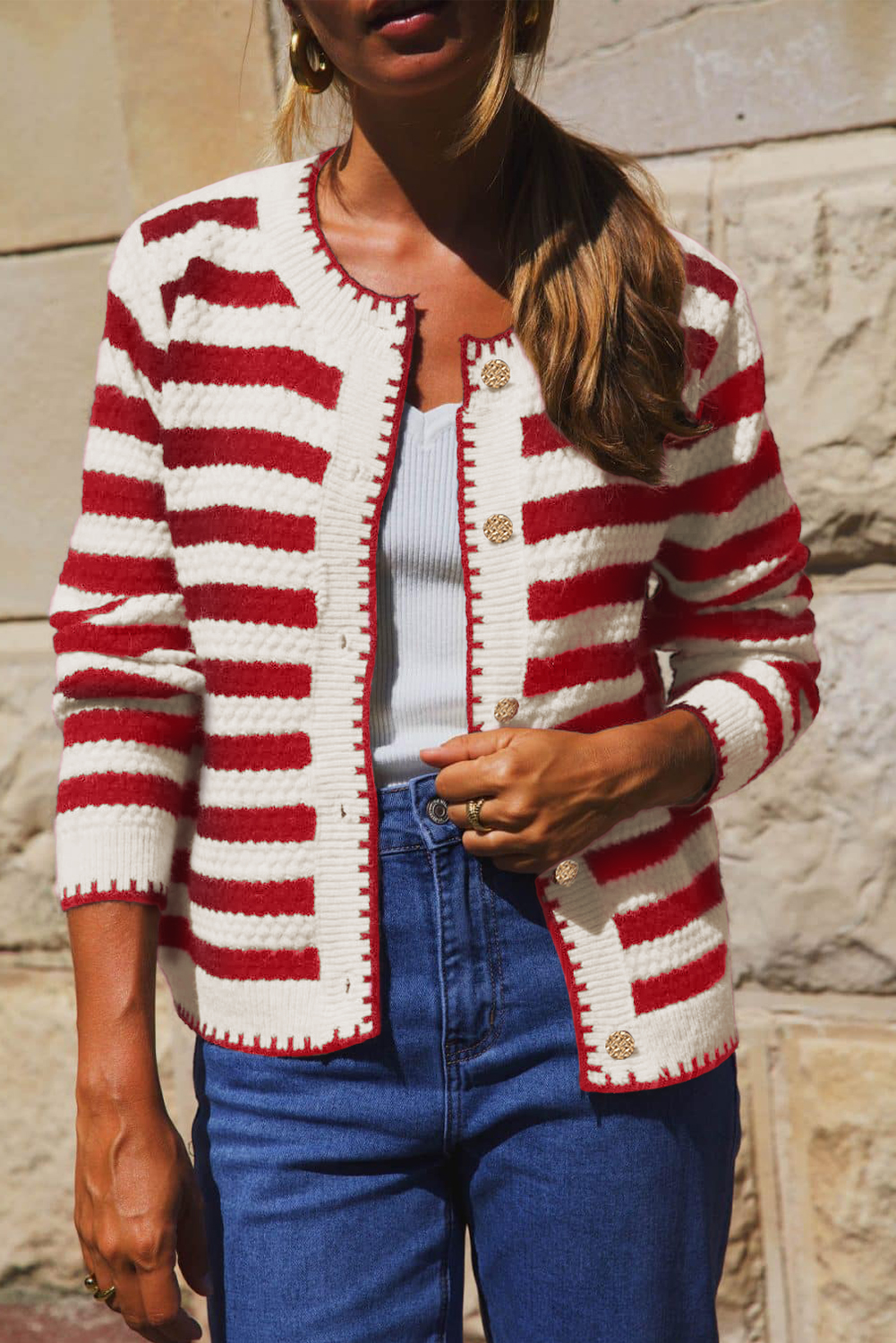 Red Stripe Chic Golden Button Cardigan Sweater - loveforevers