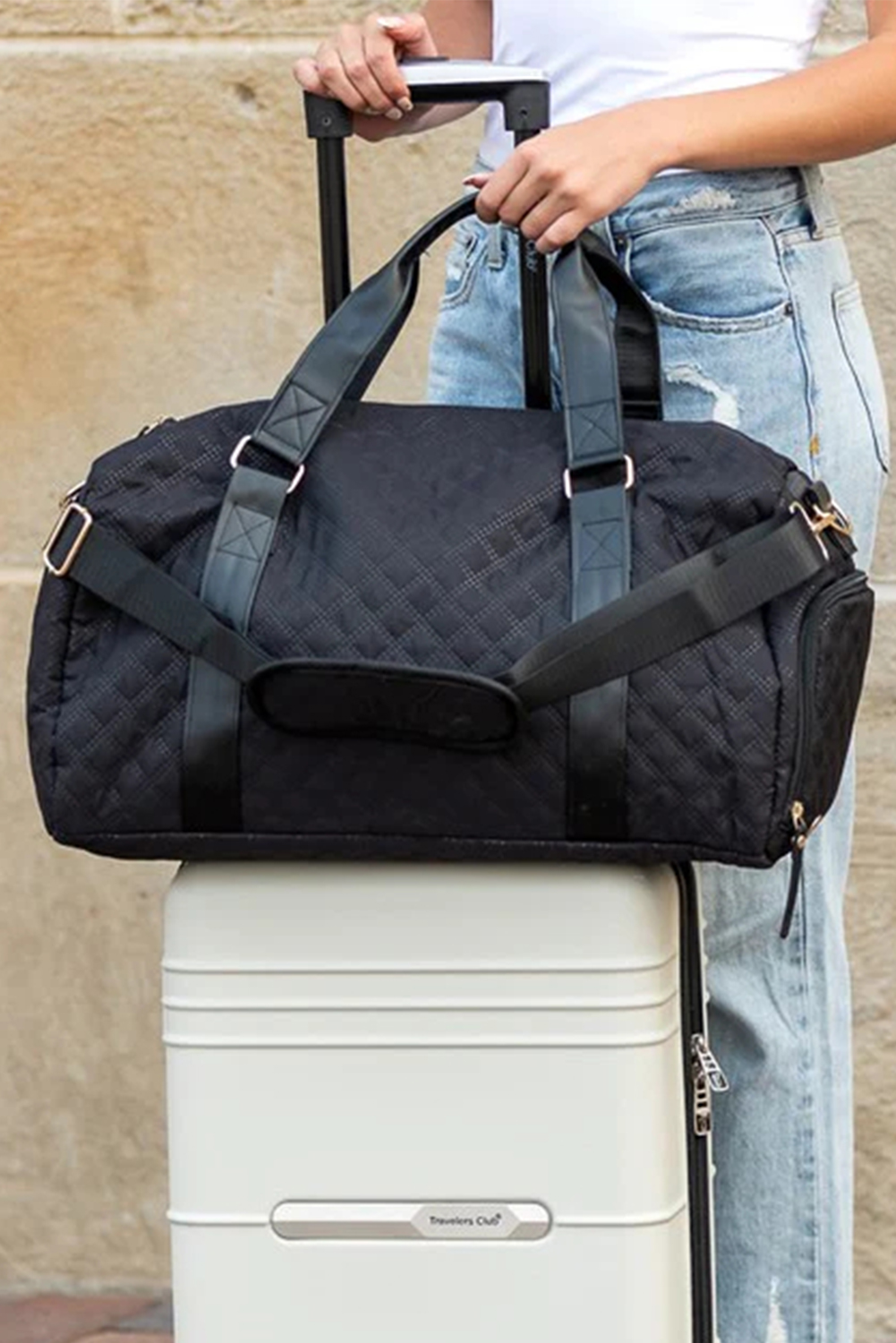 Black Rhombus Textured Waterproof Travel Duffel Bag - loveforevers