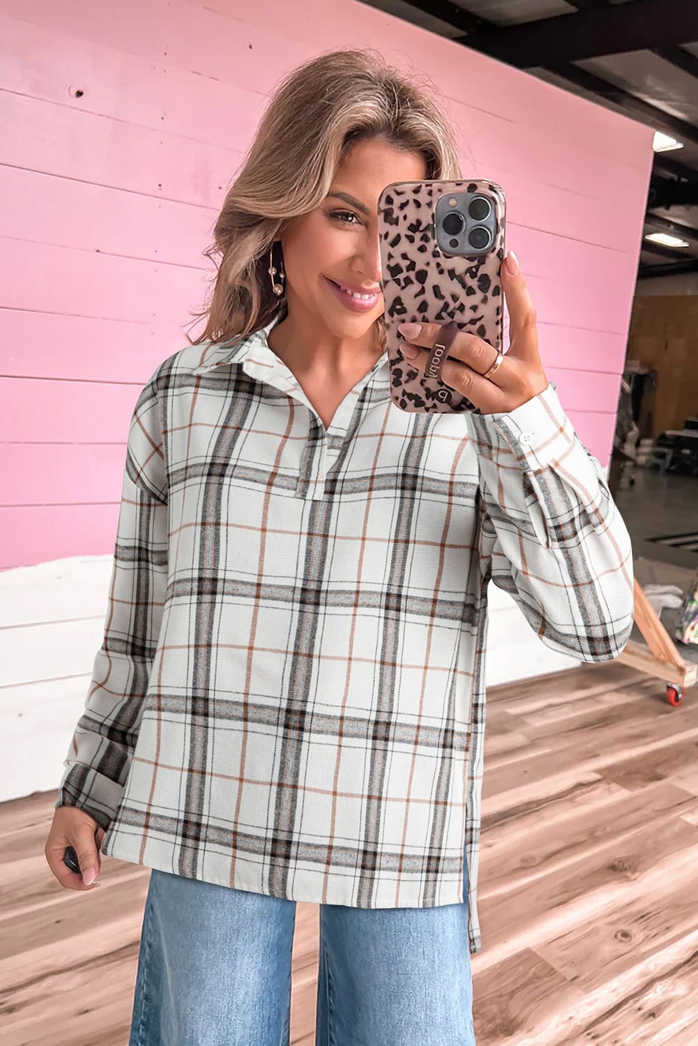 Red Plaid Print Collared V Neck Loose Blouse with Side Slits - loveforevers