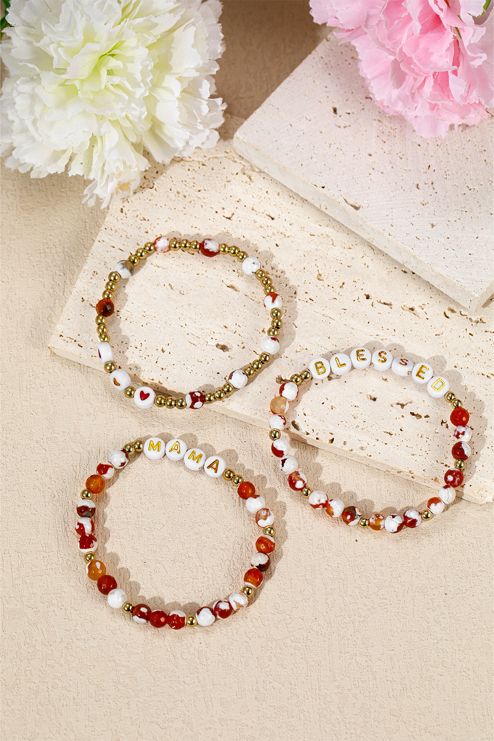 Gold MAMA Beaded Triple Layer Bracelet Set - loveforevers