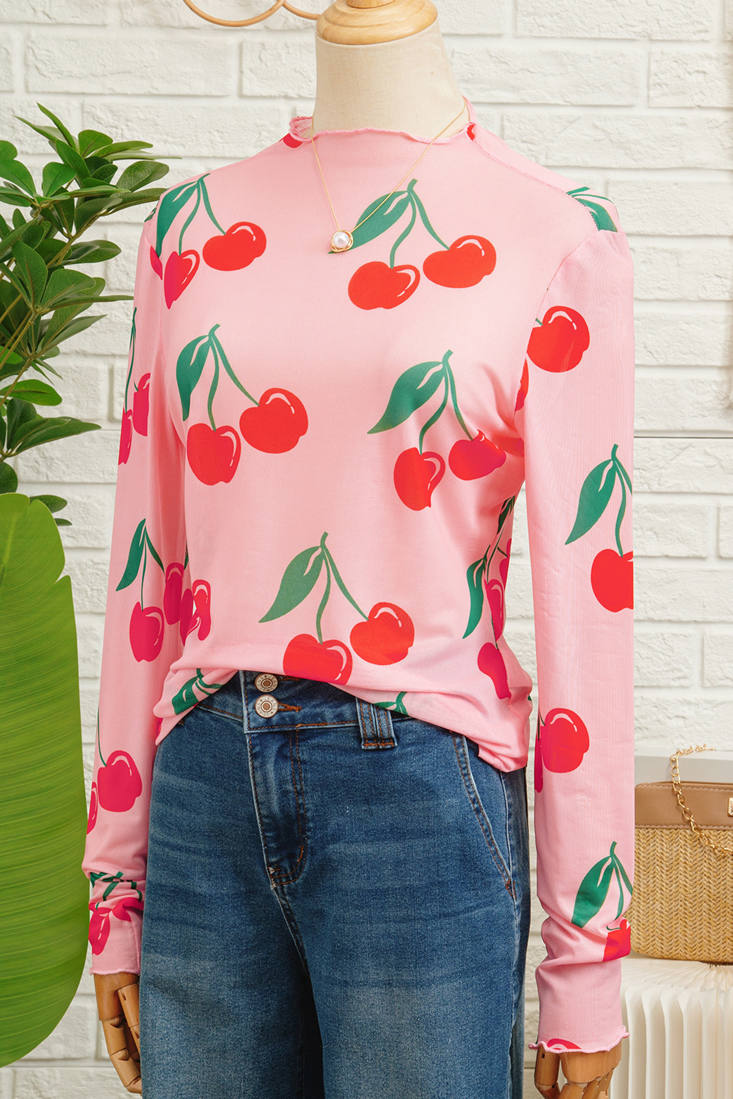 Pink Cherry Print Lettuce Trim Long Sleeve Mesh Top - loveforevers