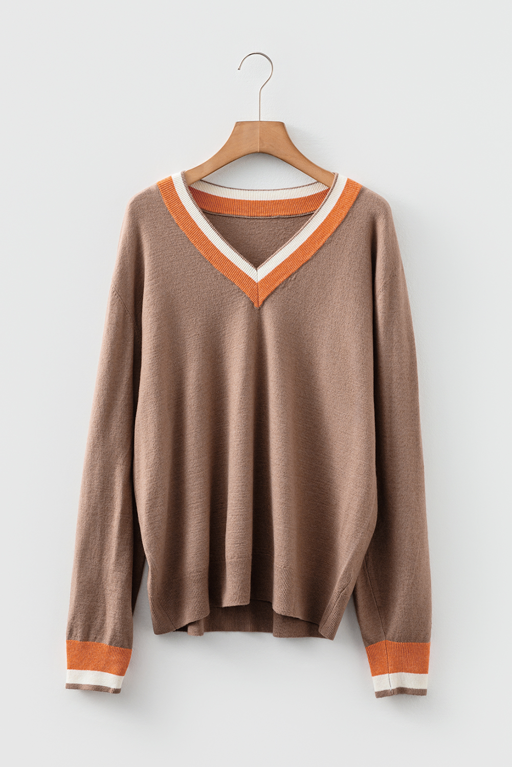 Black Contrast Striped Trim V Neck Varsity Sweater - loveforevers