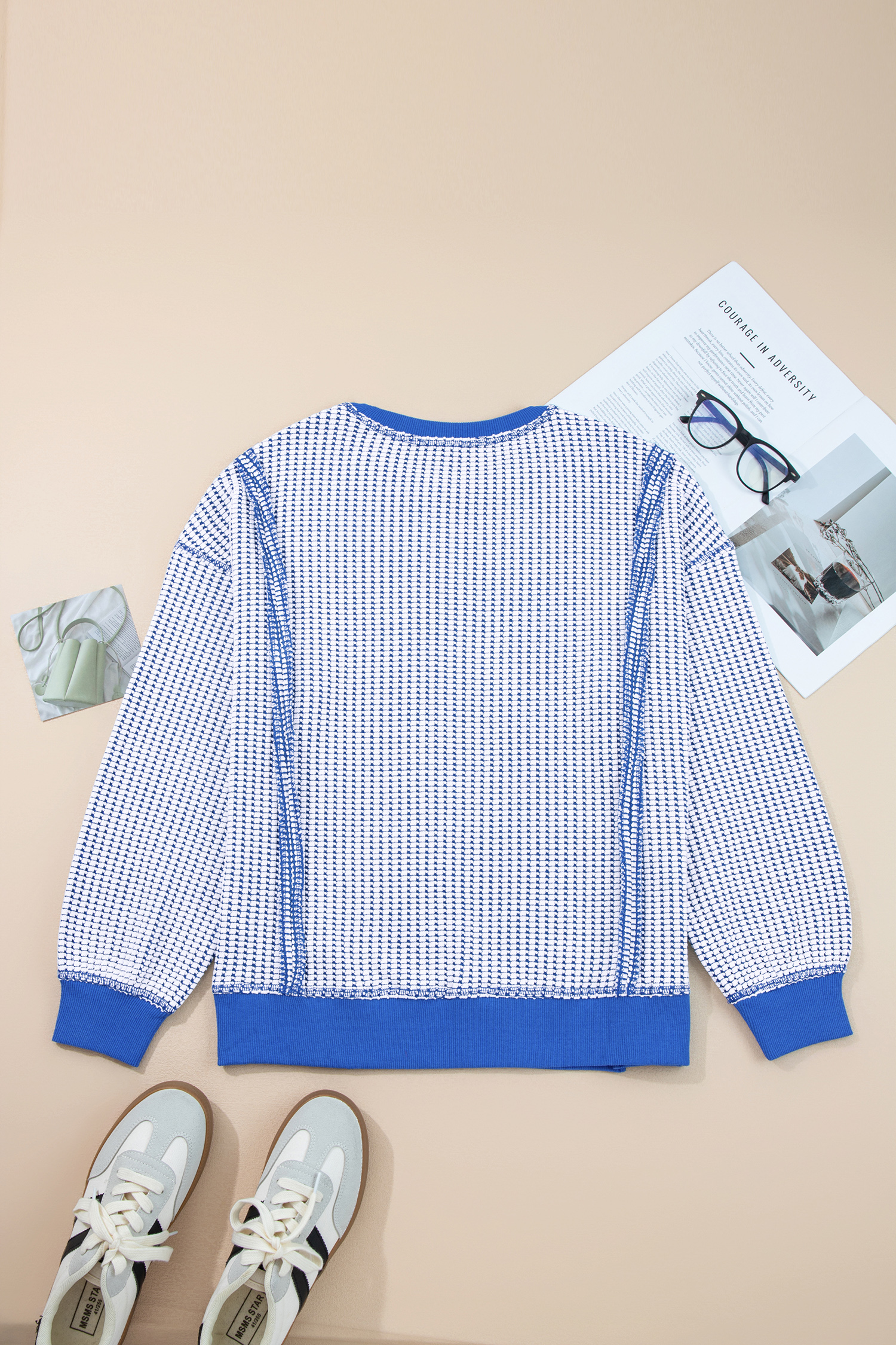 Dark Blue Waffle Knit Exposed Stitching Casual Top with Side Slits - loveforevers