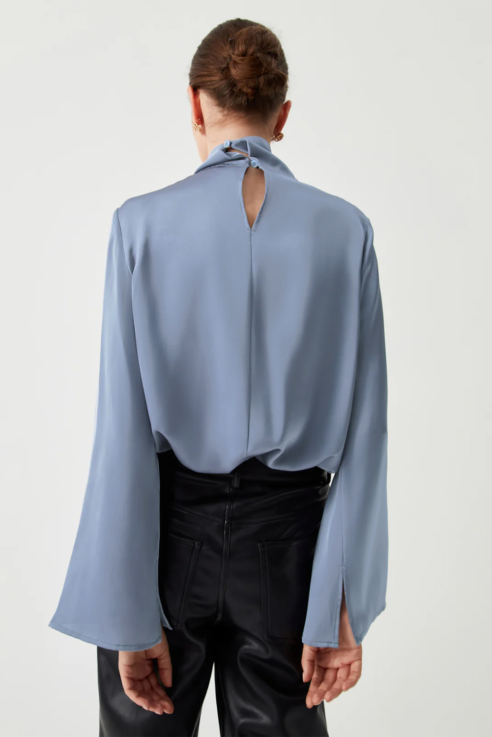 Ivy Asymmetric Pleated Turtleneck Bell Sleeve Blouse - loveforevers