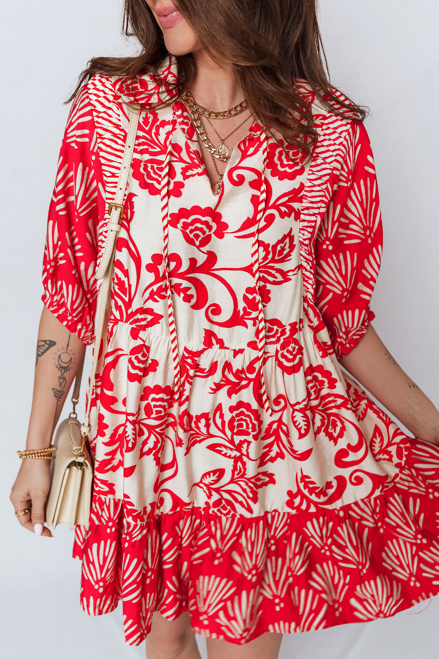 Red Collared V Neck Half Sleeve Loose Flower Mini Dress - loveforevers