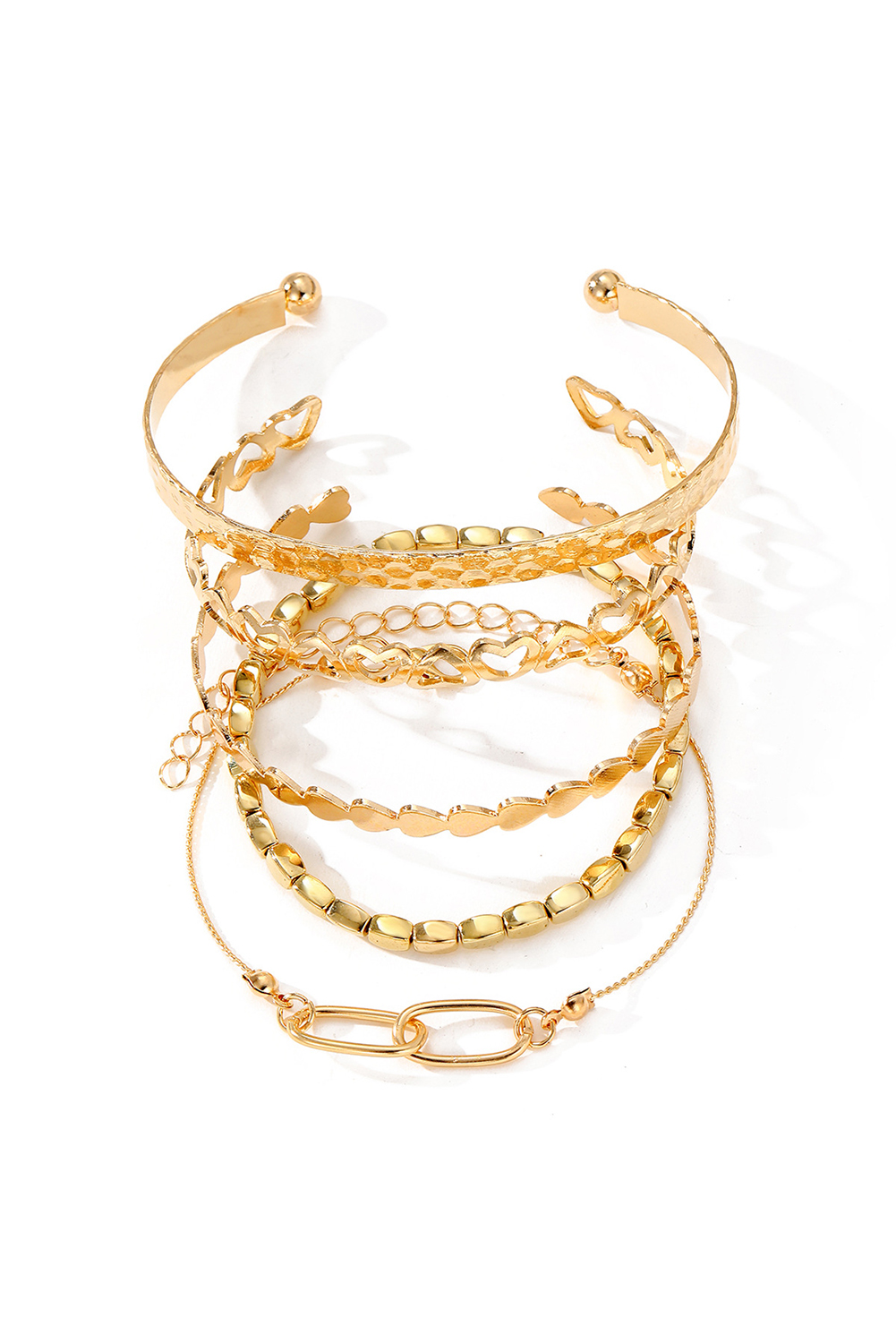 Gold Heart Plated Multi Layer Open Cuff Bracelet Set - loveforevers