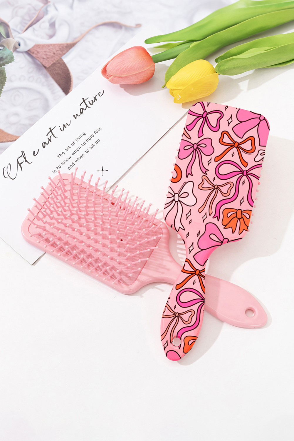 Peach Blossom Starry Ribbon Bow Print Air Cushion Comb - loveforevers