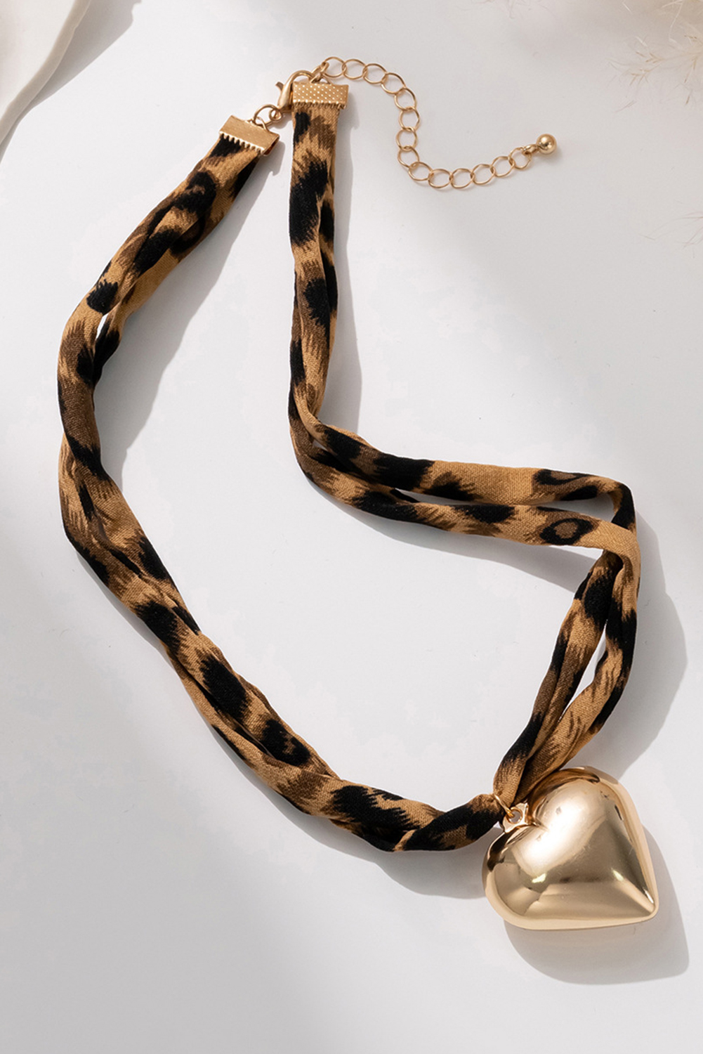Gold Puffy Heart Charm Leopard Scarf Necklace - loveforevers