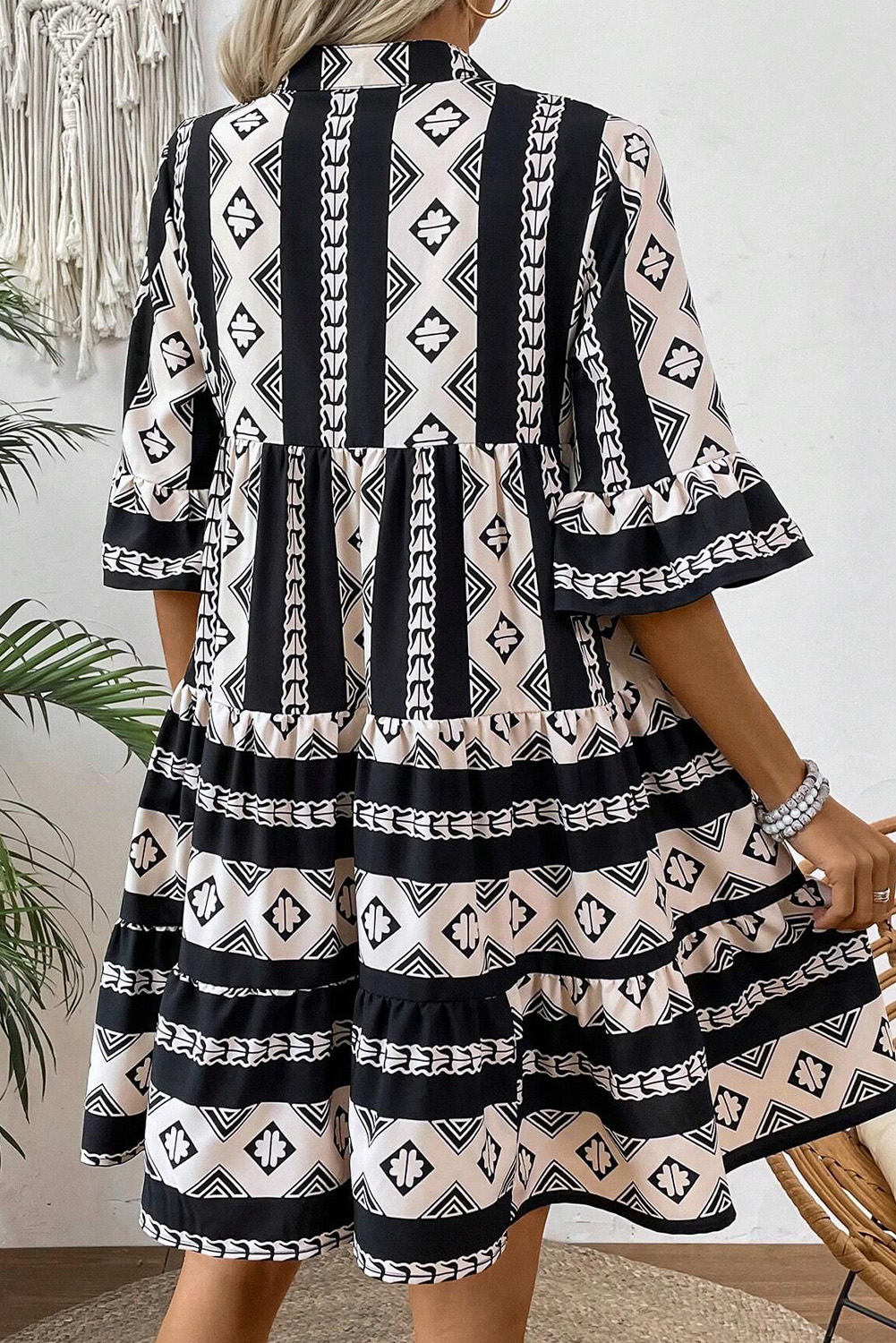 Black Geometric Print V Neck Ruffled Dress - loveforevers