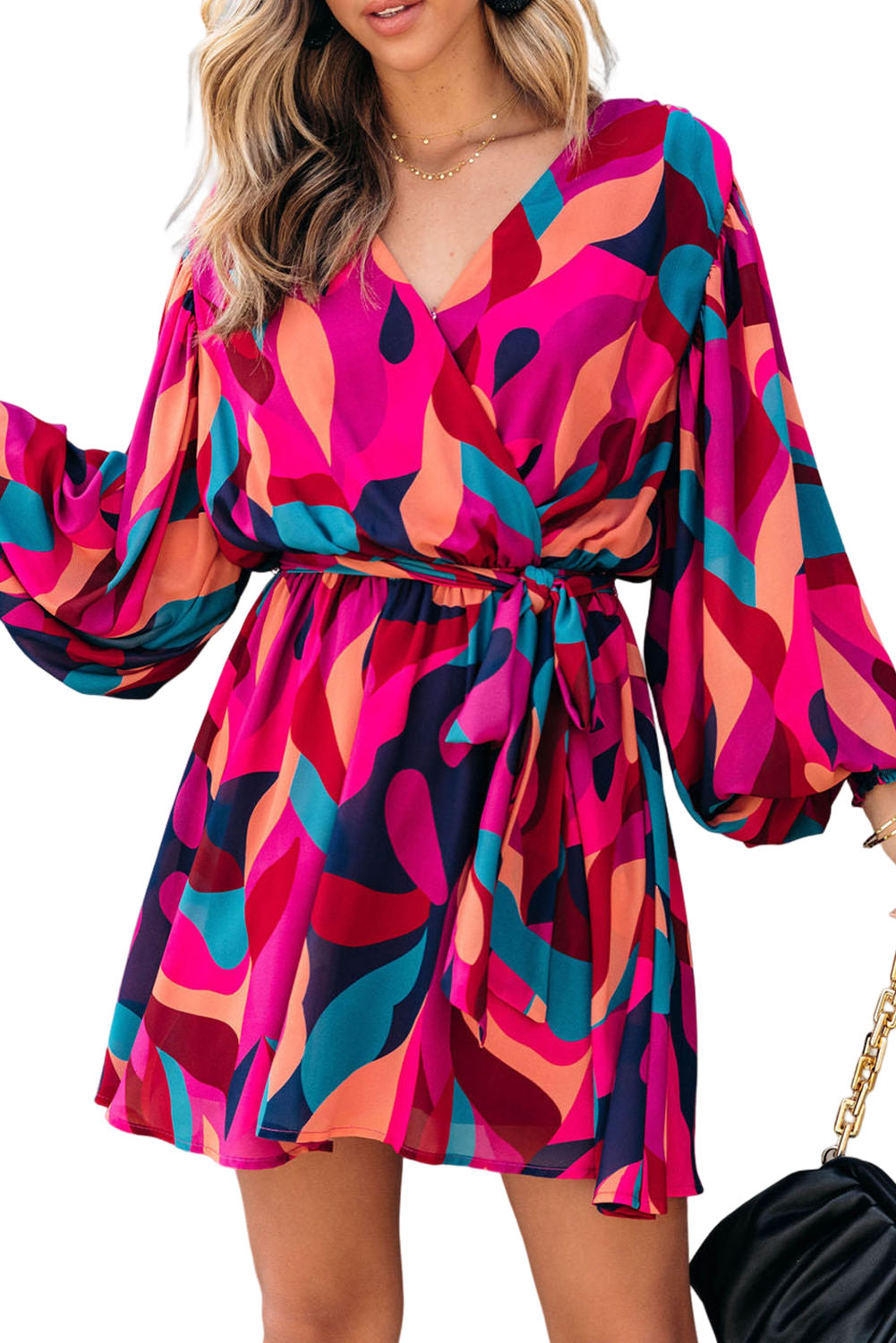 Fiery Red Abstract Printed Belted Puff Sleeve Mini Dress - loveforevers