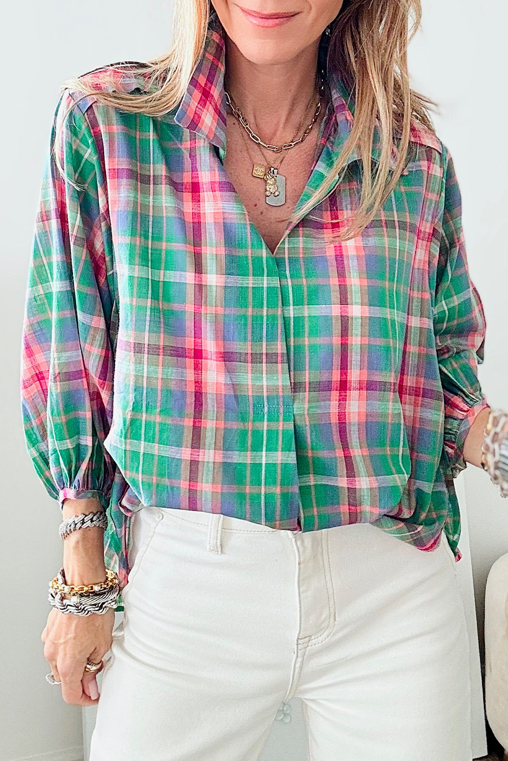 Green Checkered 3/4 Sleeve Collared Loose Fit Shirt - loveforevers
