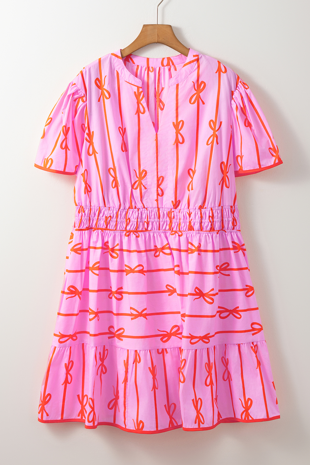 Pink Bowknot Striped Printed Bubble Sleeve Buttoned Belted Mini Dress - loveforevers