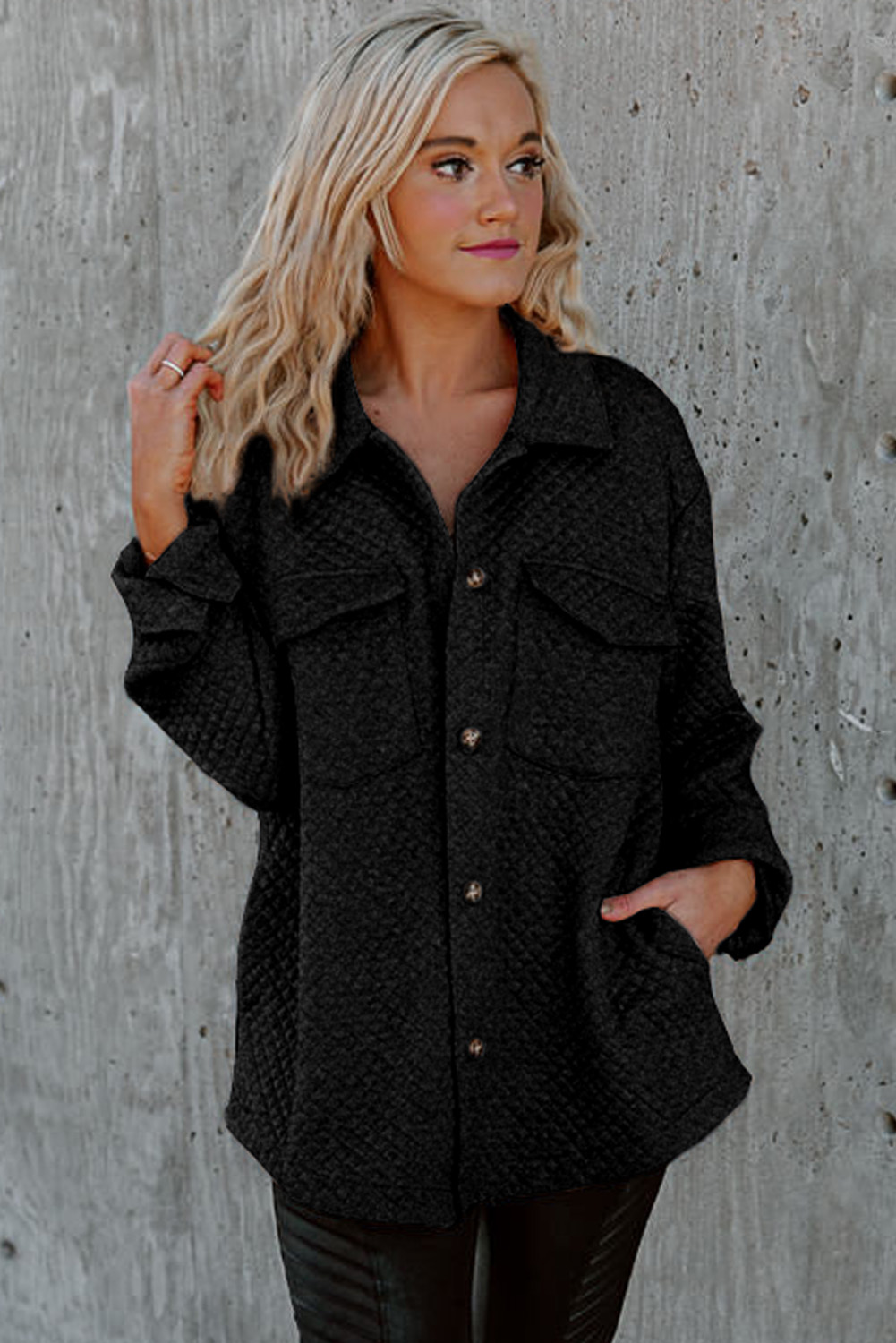 Gray Retro Quilted Flap Pocket Button Shacket - loveforevers