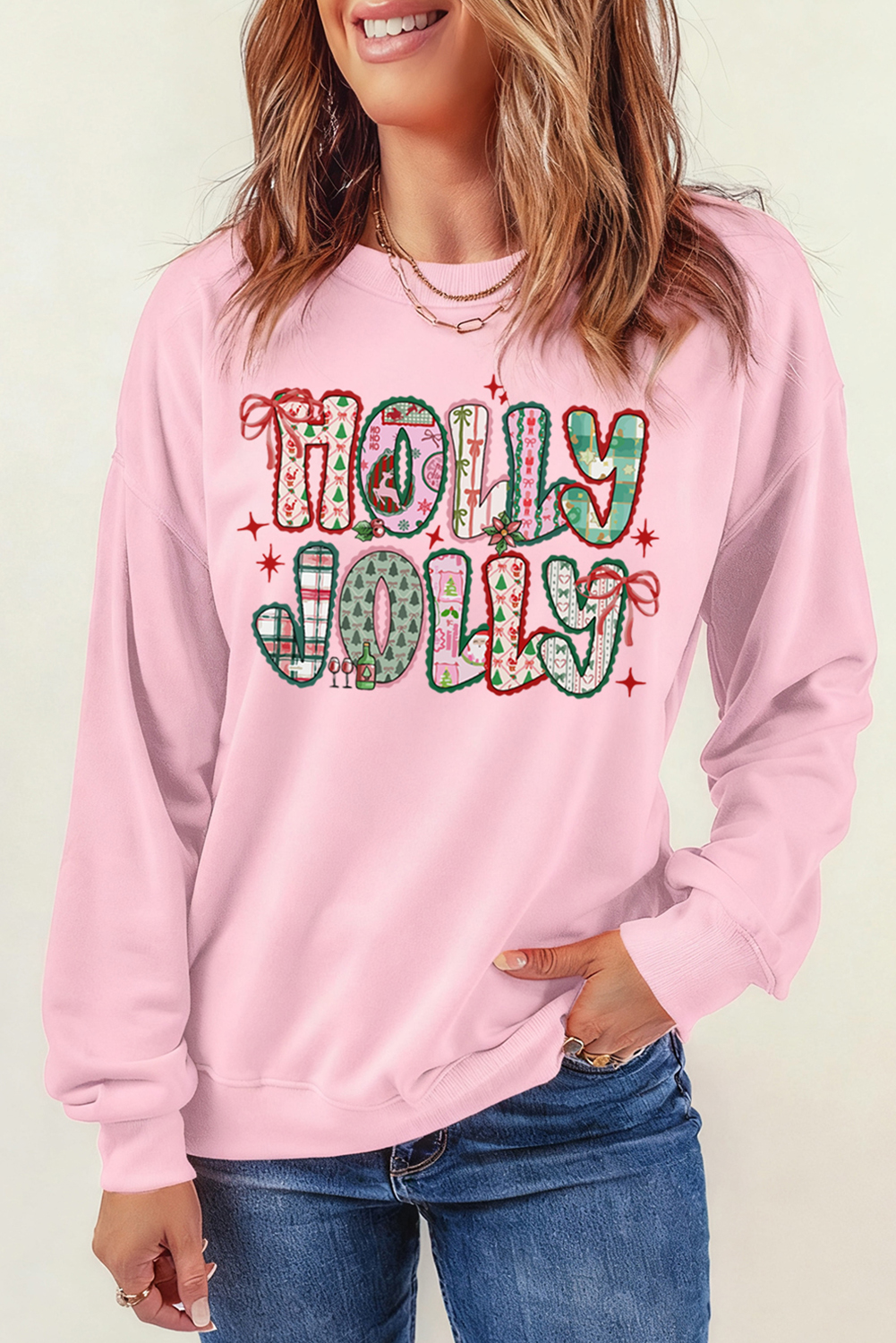 Pink HOLLY JOLLY Cute Holiday Graphic Sweatshirt - loveforevers