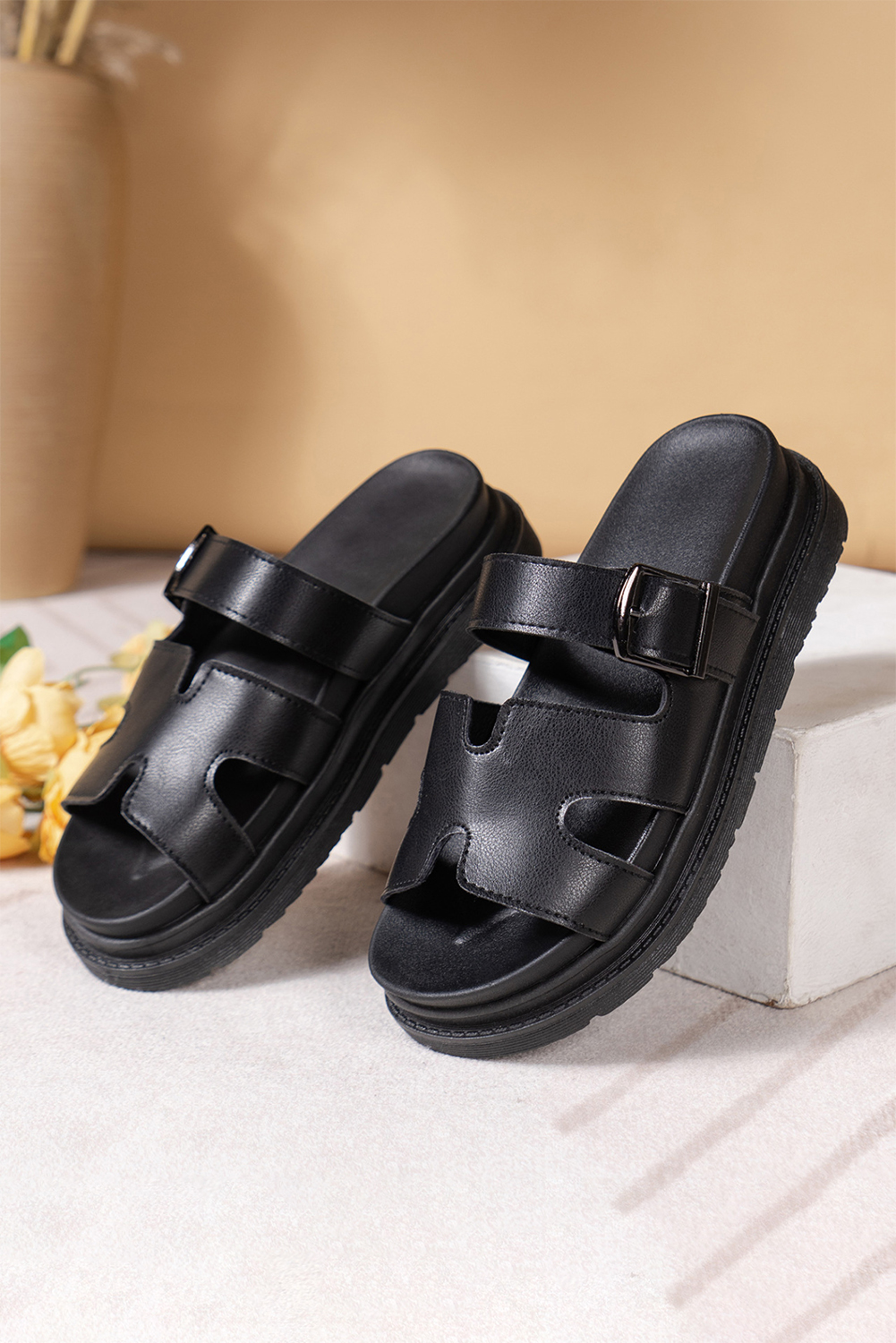 Black Hollow Out Buckle Strap Beach Slippers - loveforevers