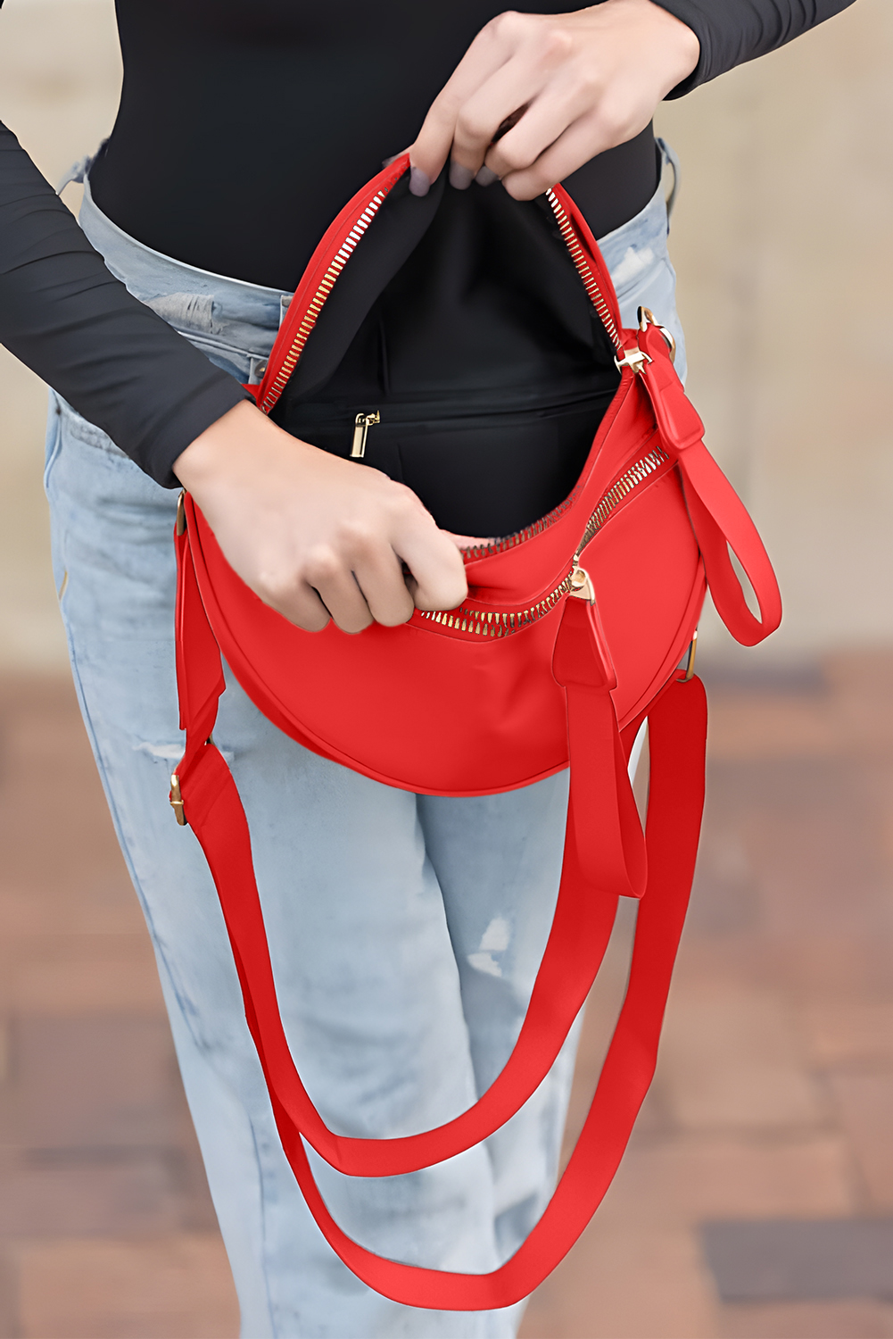 Jungle Green Double Zip Crescent Shape Adjustable Sling Bag - loveforevers
