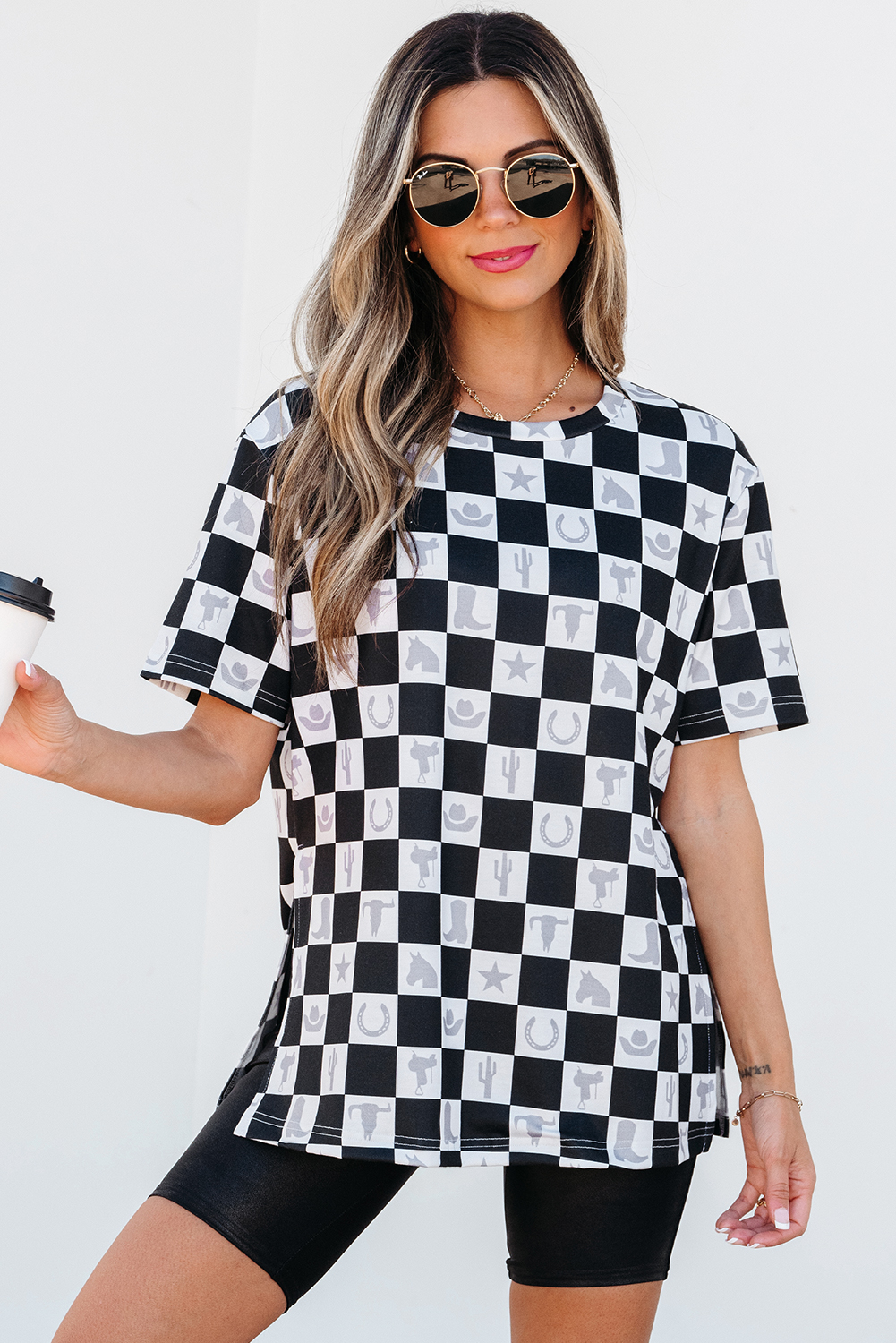 Black Western Fashion Checkerboard Print Side Split T Shirt - loveforevers