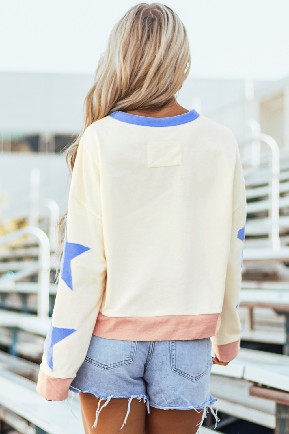 Beige Sequin Rugby Graphic Starry Patched Contrast Trim Game Day Sweatshirt - loveforevers