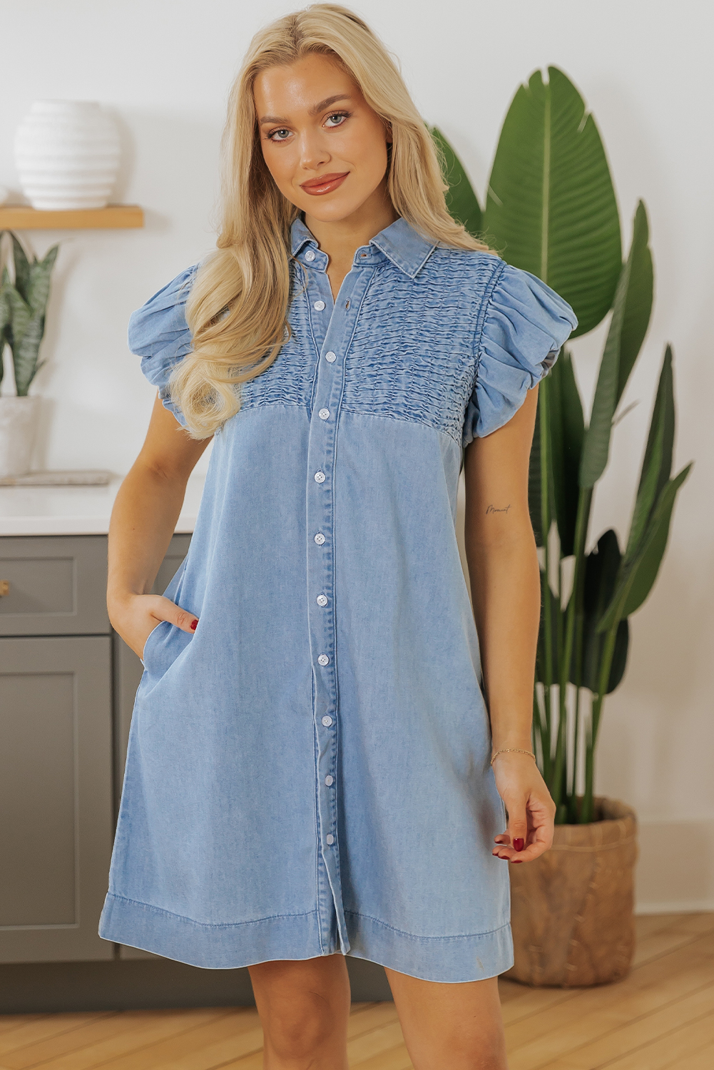 Beau Blue Flutter Sleeve Shirred Detail Button Up Denim Mini Dress - loveforevers