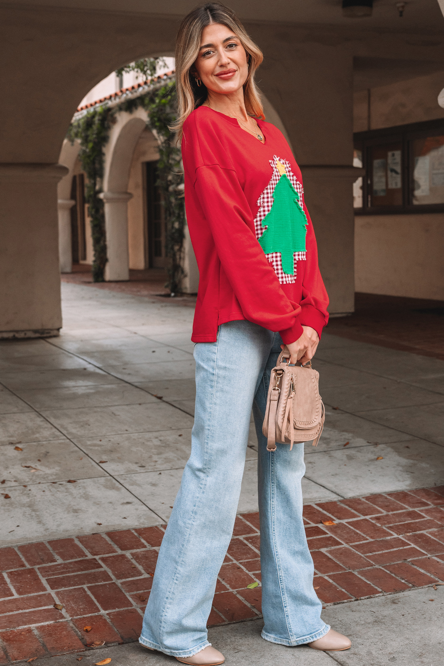 Fiery Red Plaid Frayed Double Christmas Tree Patched Drop Shoulder Sweatshirt - loveforevers