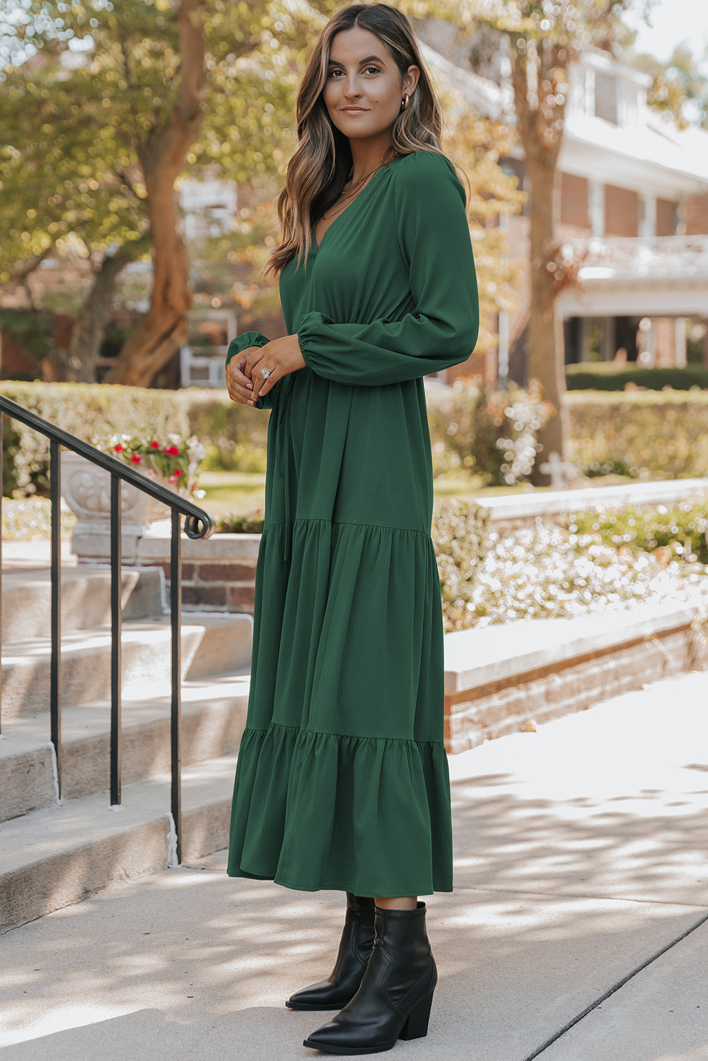 Blackish Green Solid Long Sleeve Button V Neck Tiered Maxi Dress - loveforevers