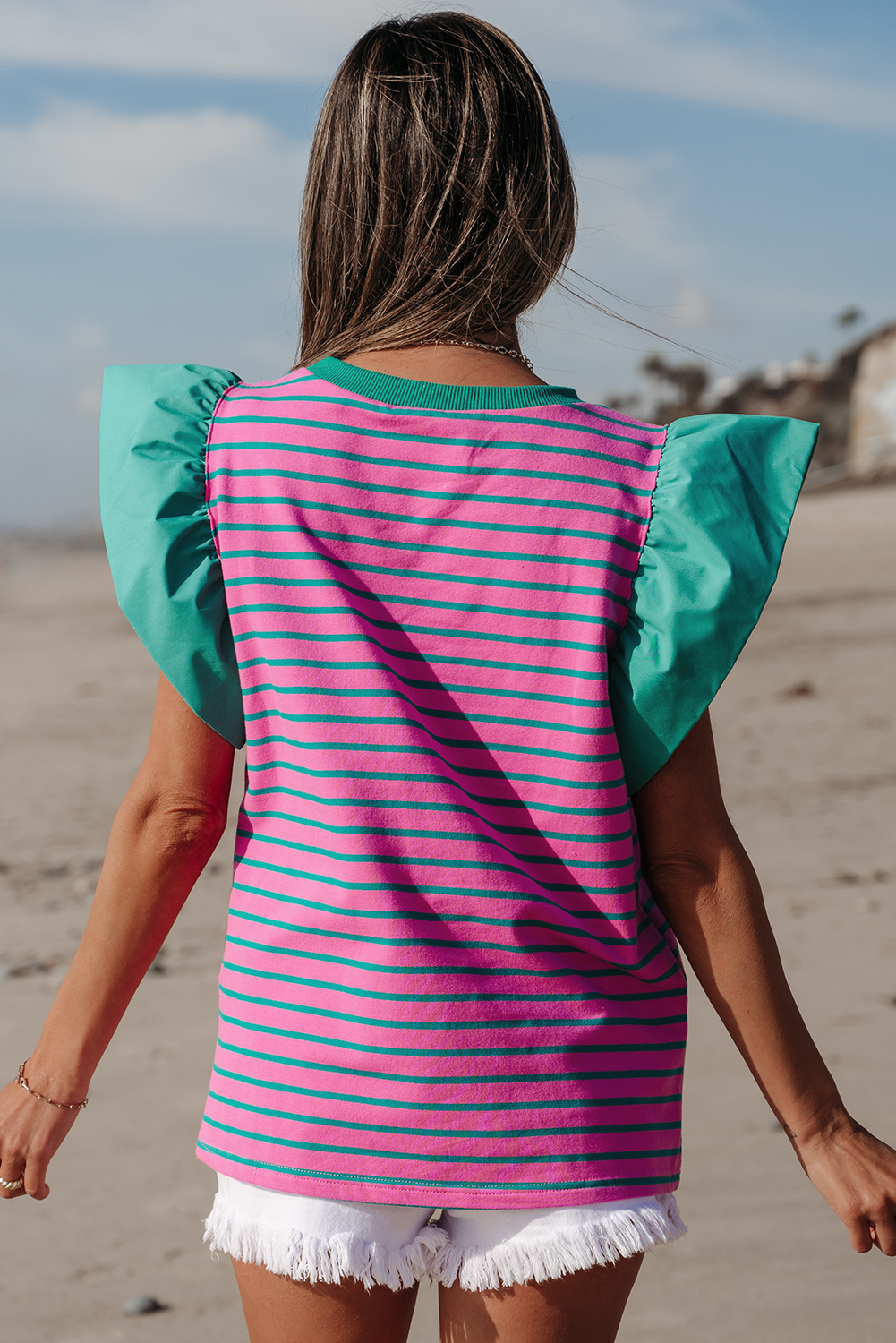 Pink Stripe Collared V Neck Puff Sleeve T Shirt Dress - loveforevers