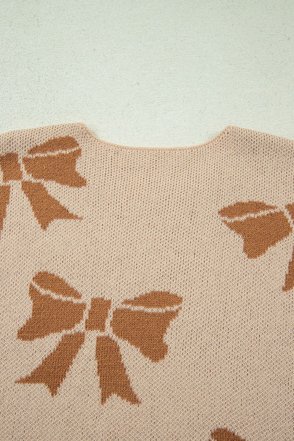 Straw Yellow Ribbon Bow Print Checkered Striped Sleeve Drop Shoulder Sweater - loveforevers