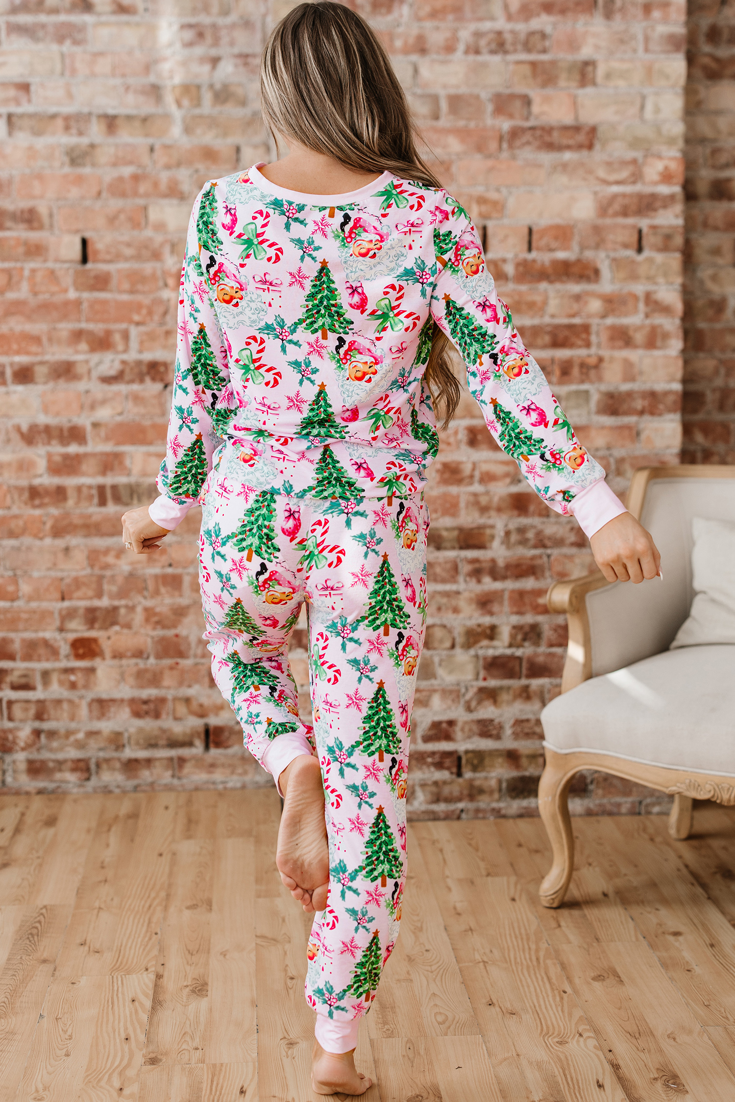White Christmas Pattern Button V Neck Pullover Drawstring Pants 2pcs Lounge Set - loveforevers