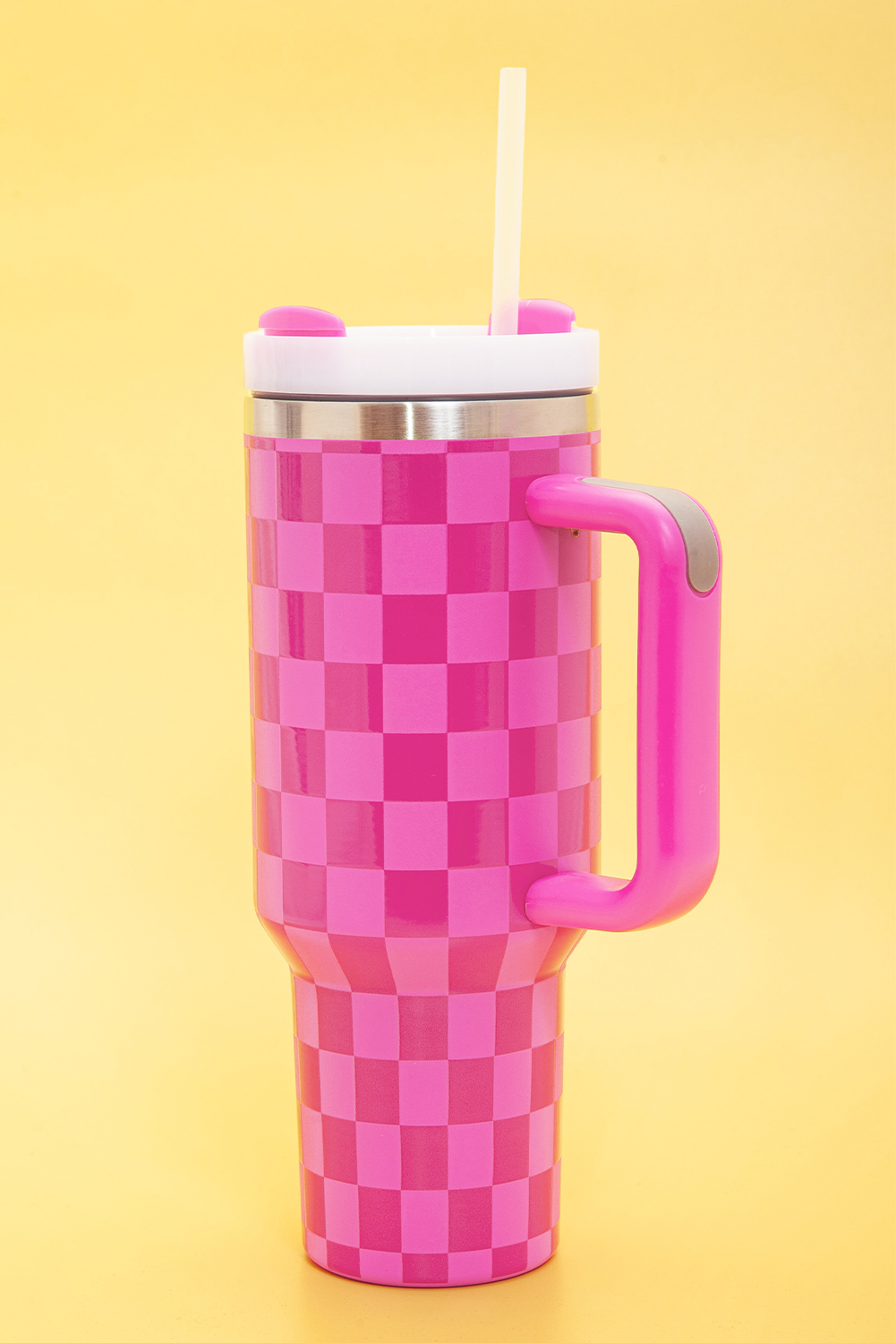 Bright Pink Checkered Print Handled Stainless Steel Tumbler Cup 40oz - loveforevers