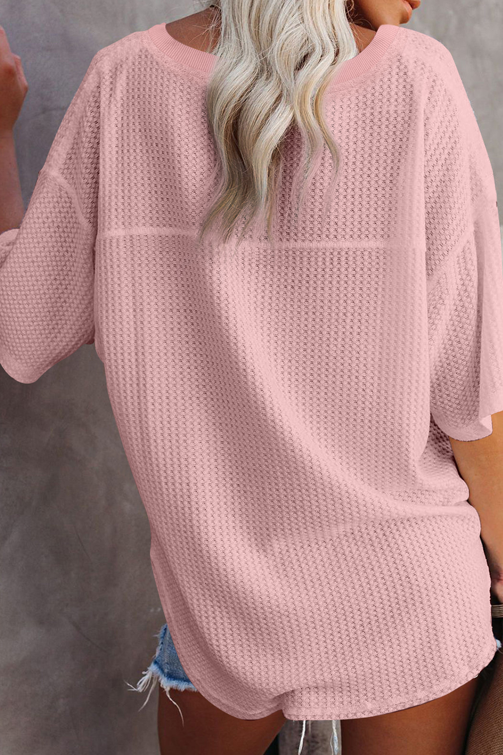 Black Waffle Texture Ribbed V Neck Drop Shoulder Loose Tee - loveforevers