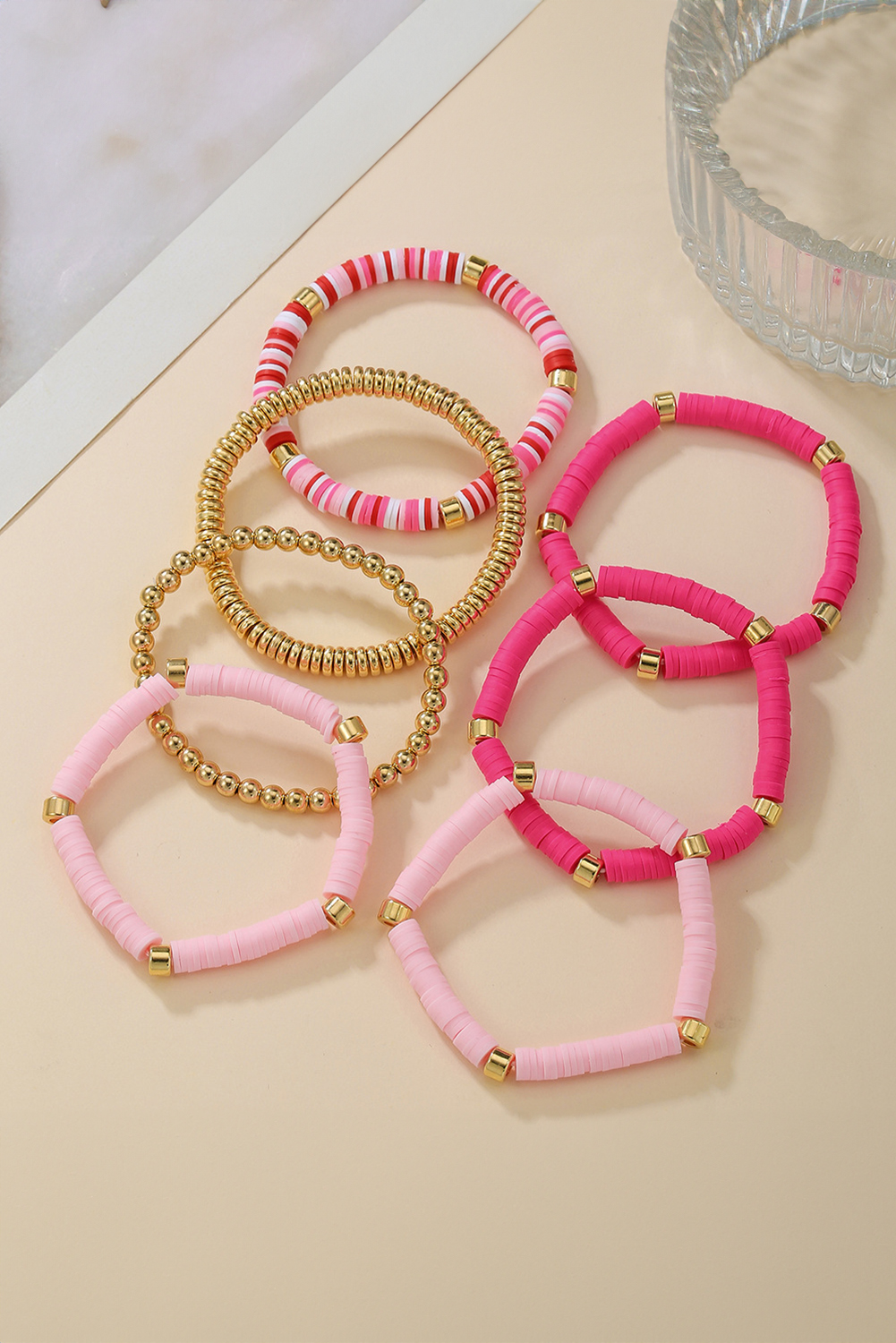 Bright Pink 7pcs Gold Plated Clay Beading Multi Layered Bracelet Set - loveforevers