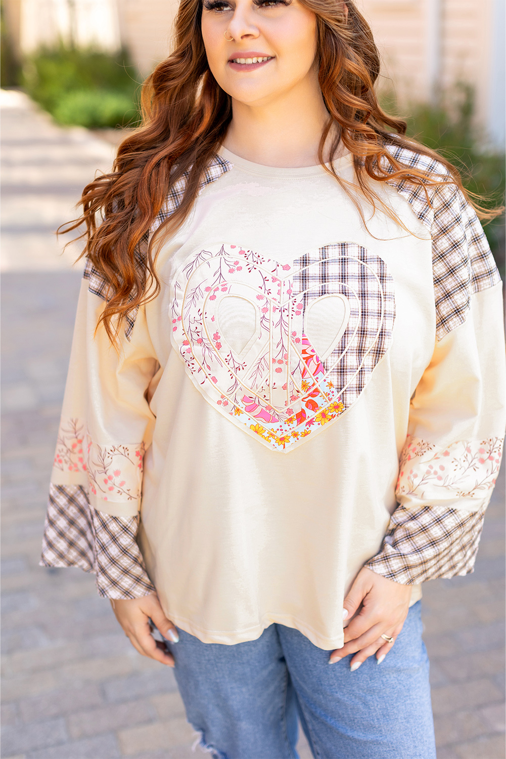 Beige Flower Patch Graphic Exposed Seam Wide Sleeve Top - loveforevers