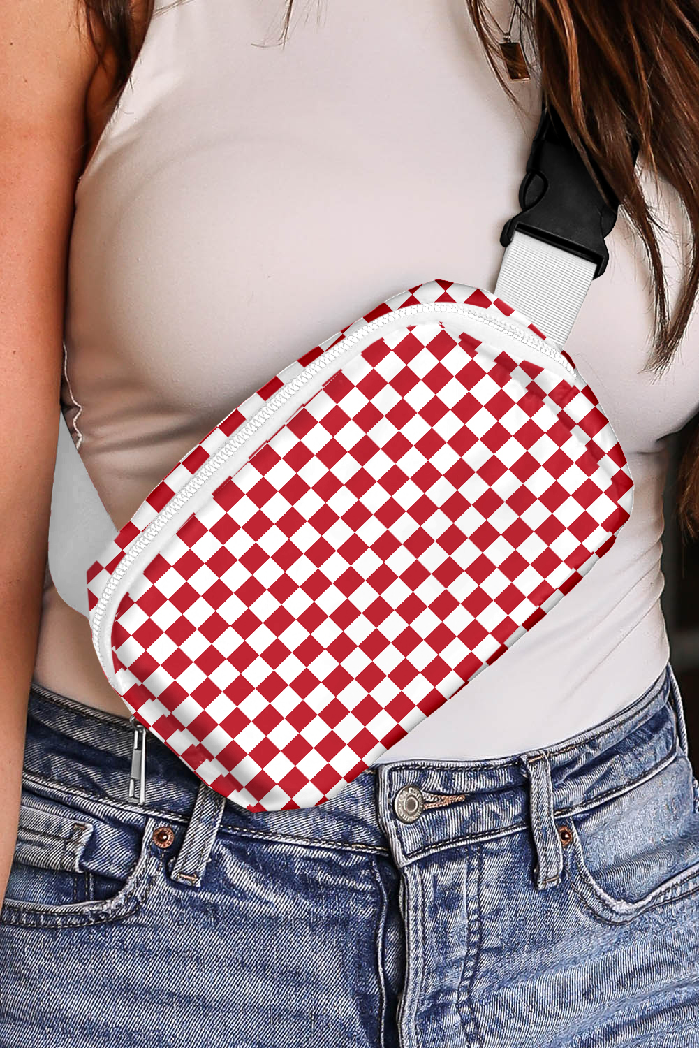 Fiery Red Checkered Print Zipped Buckle Strap Crossbody Bag - loveforevers