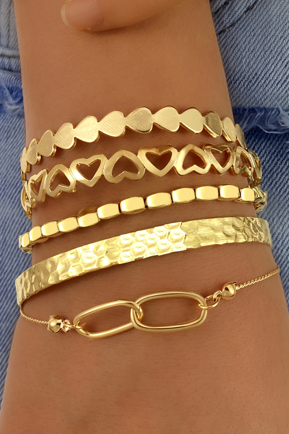 Gold Heart Plated Multi Layer Open Cuff Bracelet Set - loveforevers