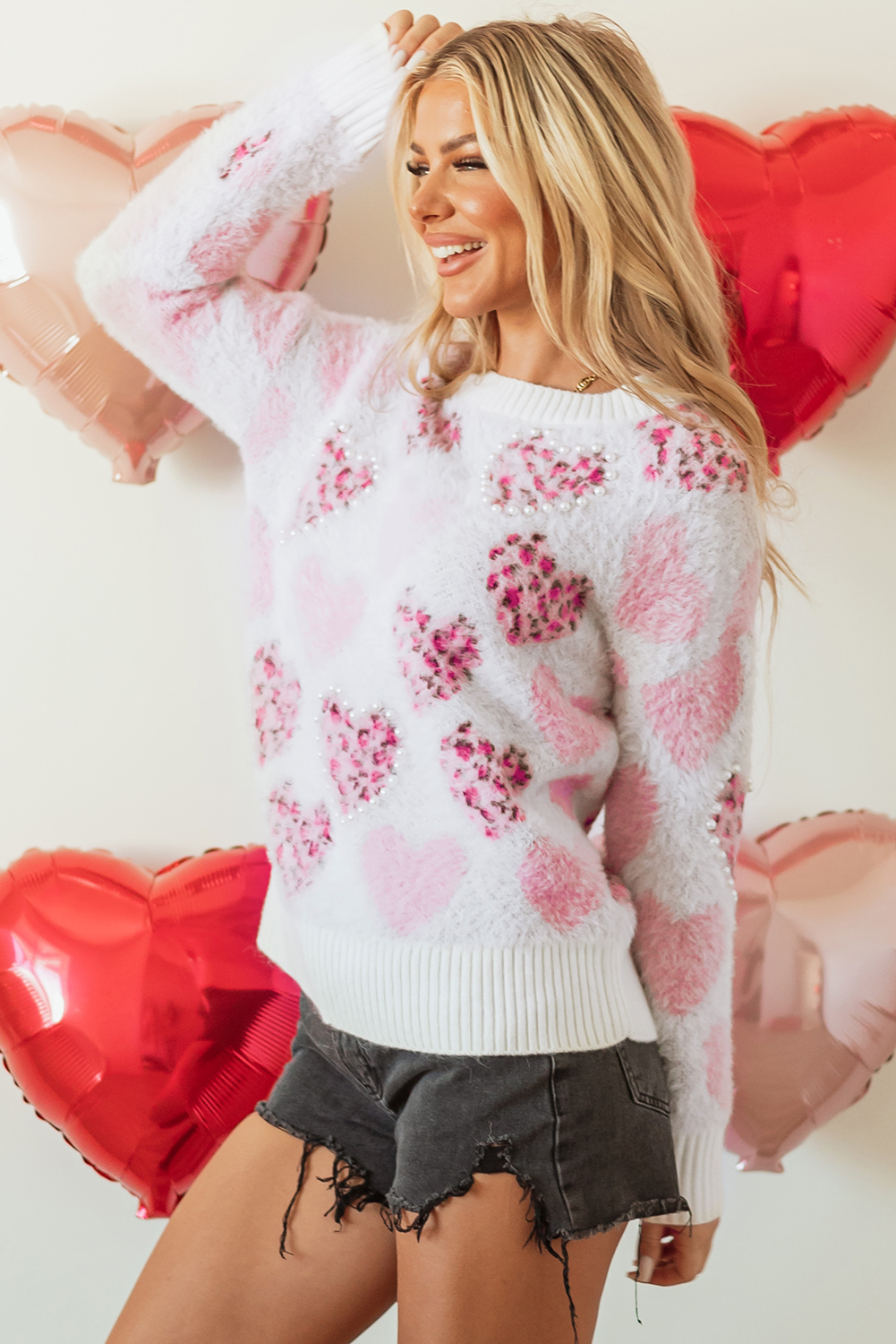 Pink Heart Leopard Print Pearled Ribbed Trim Fuzzy Sweater - loveforevers
