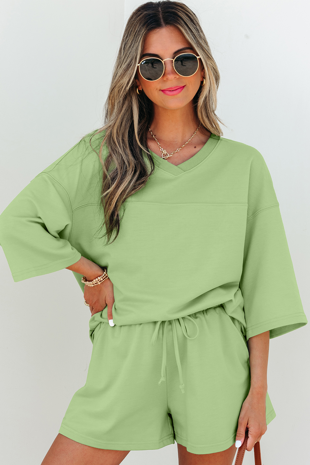 Meadow Mist Green Solid Loose V Neck Half Sleeve Tee and Shorts - loveforevers