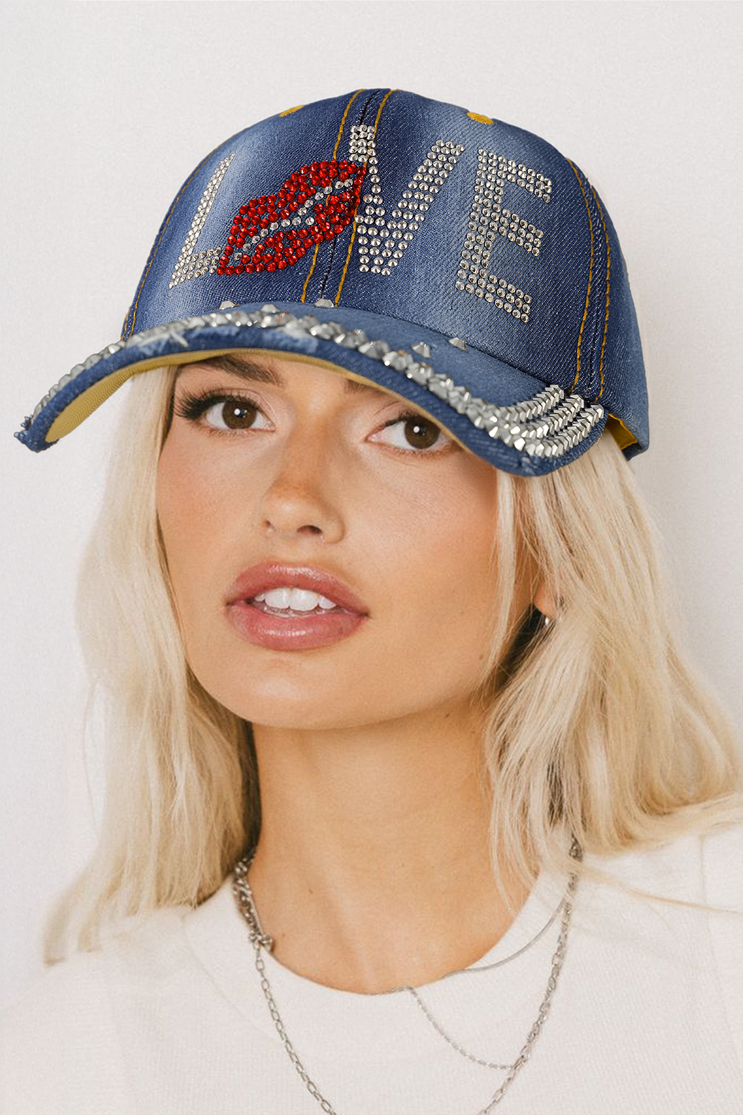 Ashleigh Blue Rhinestone Embellished LOVE Lip Denim Baseball Cap - loveforevers