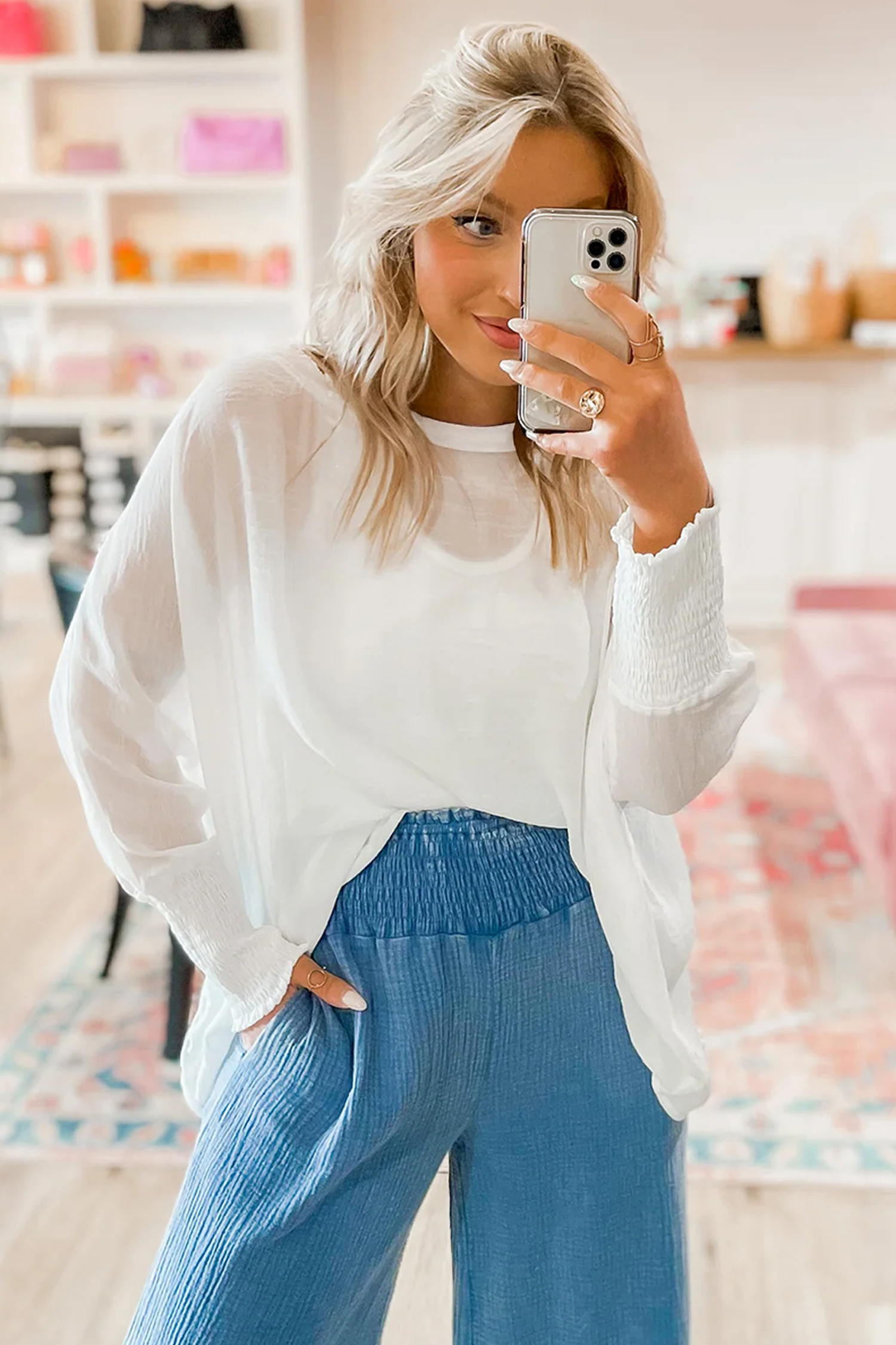 White Smocked Cuffs Semi Sheer Long Sleeve Dolman Blouse - loveforevers