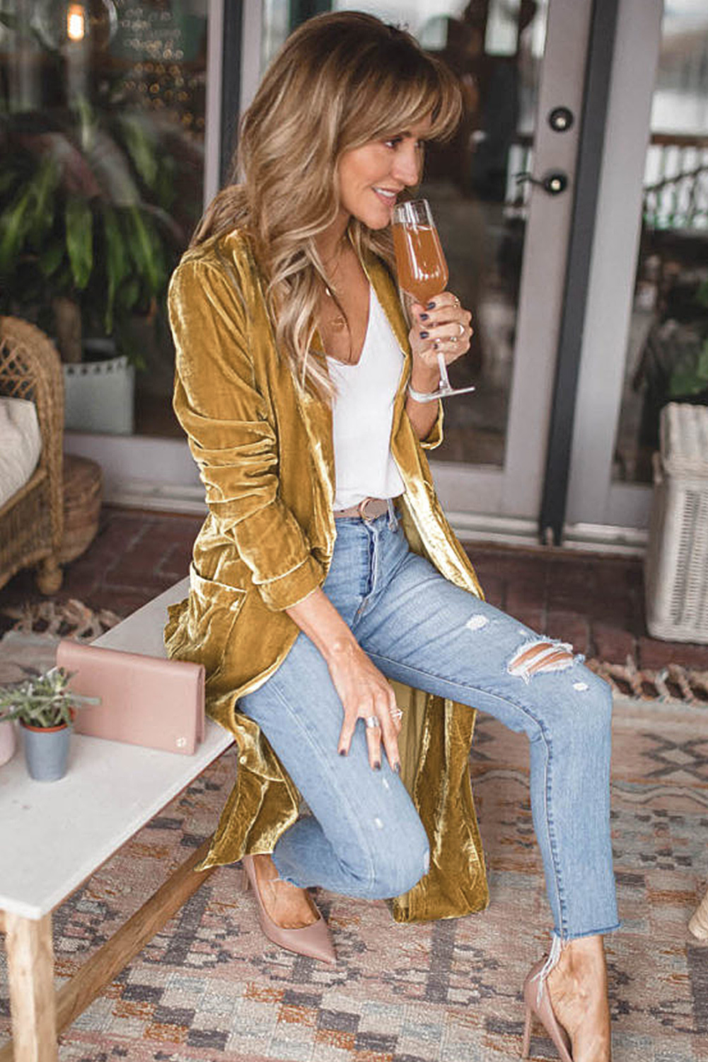 Yellow Velvet Open Front Pocketed Long Duster - loveforevers