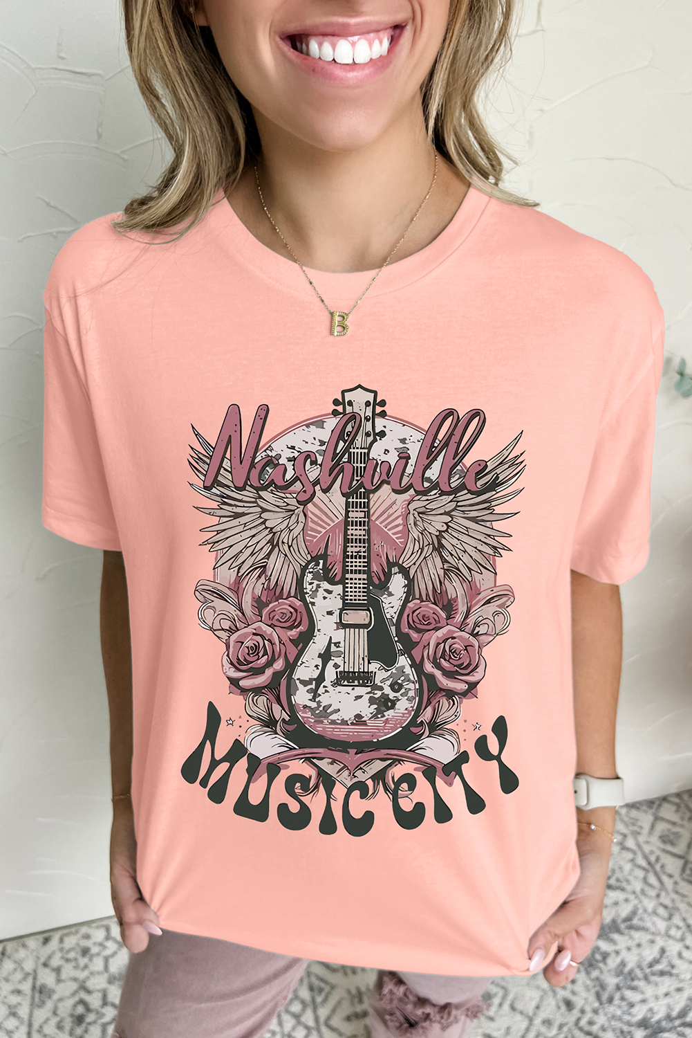 Pink Nashville MUSIC CITY Guitar Graphic Crewneck Tee - loveforevers