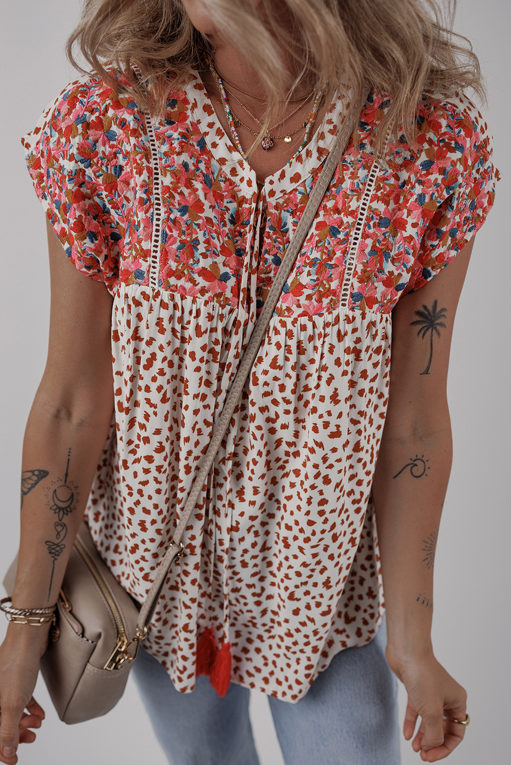 Red Printed Embroidery Detail Tie Split Neck Blouse - loveforevers
