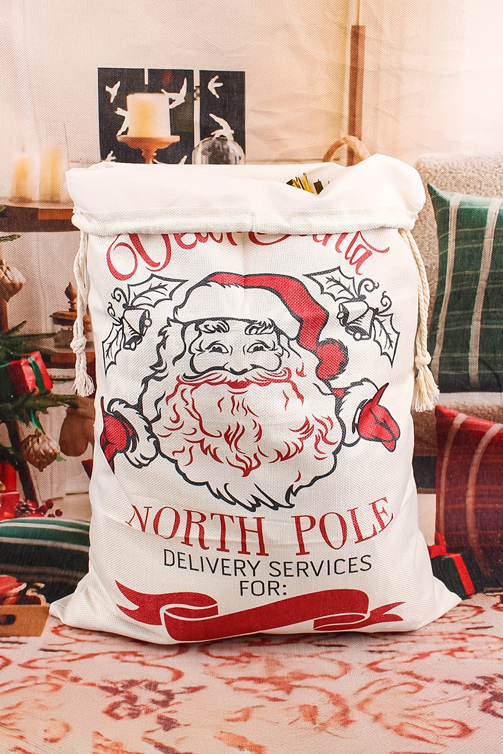 White Santa Clause Print Drawstring Closure Canvas Christmas Gift Bag - loveforevers
