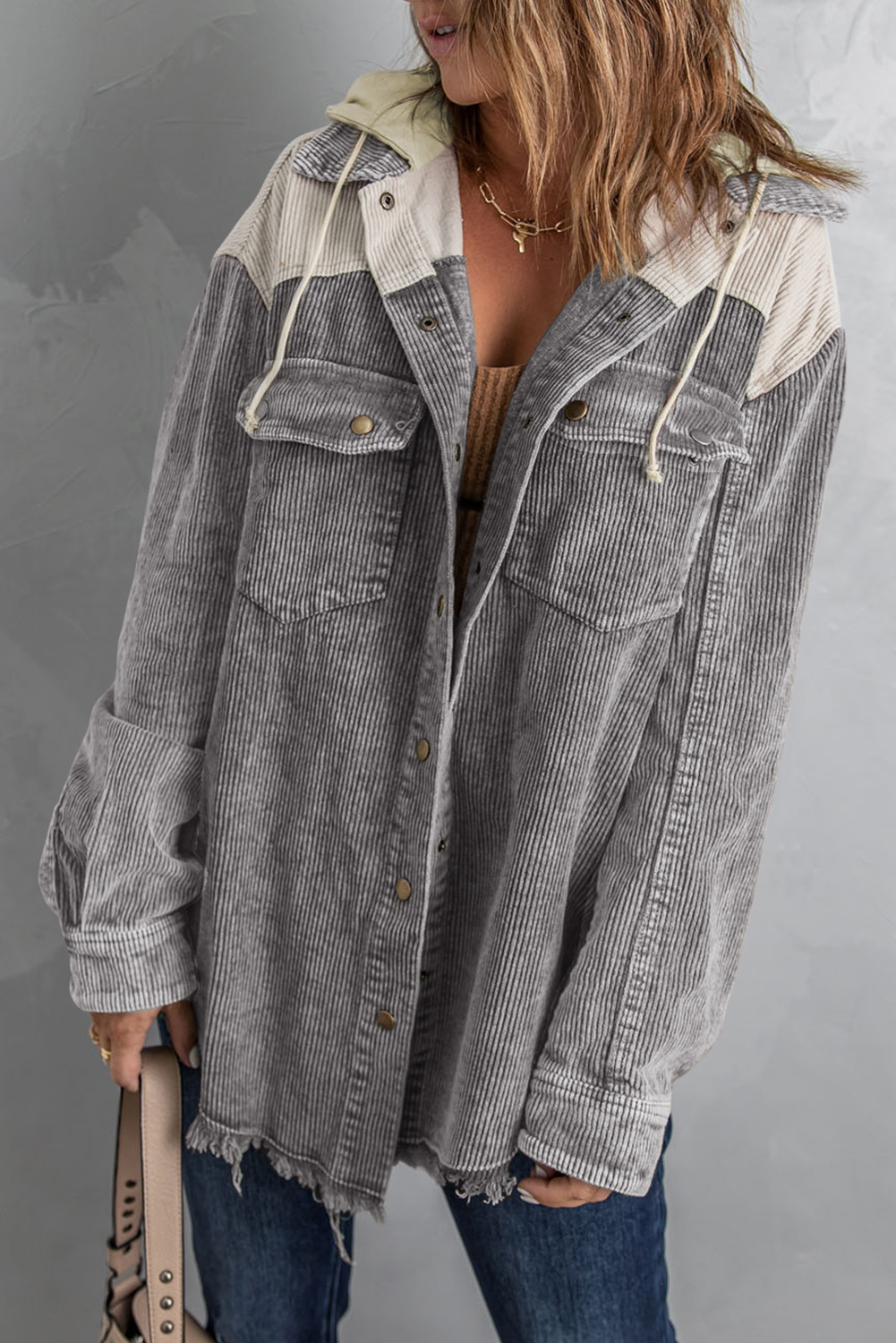 Gray Color Block Button Down Hooded Corduroy Jacket - loveforevers